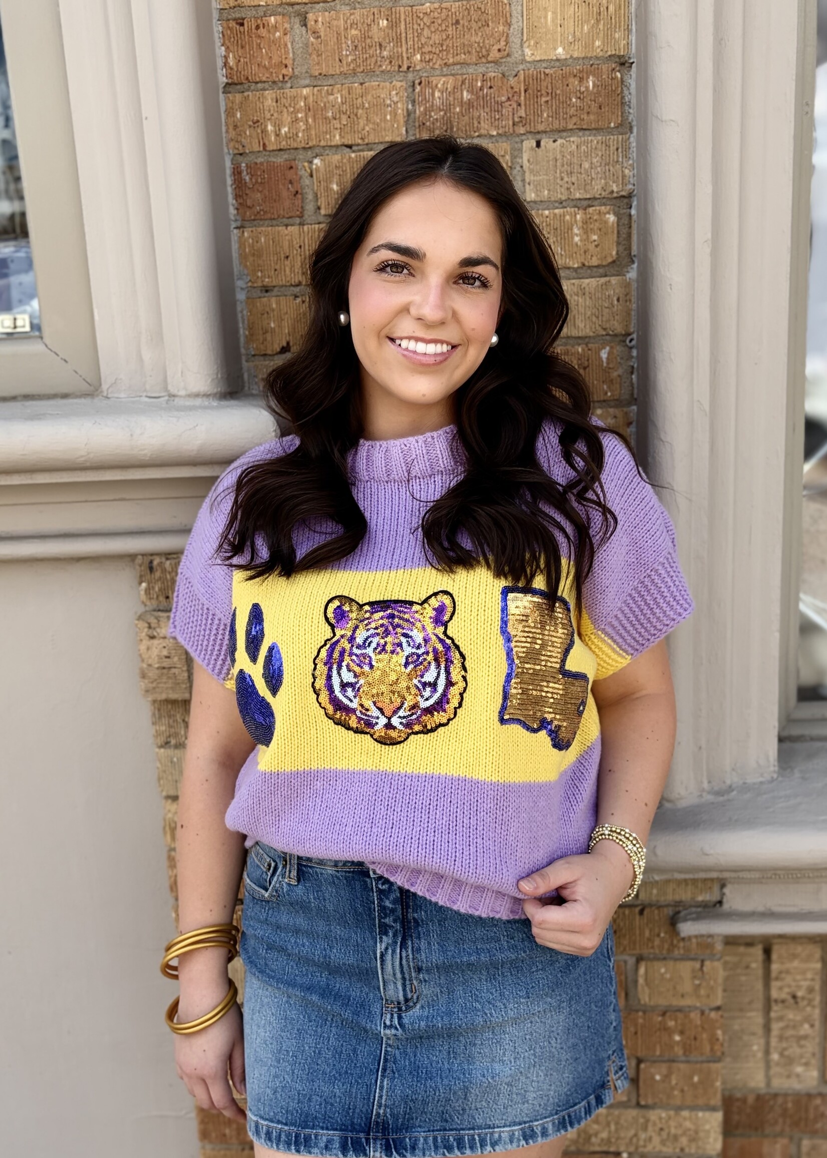 SongLily Purple & Gold Tiger Icon Sweater Vest