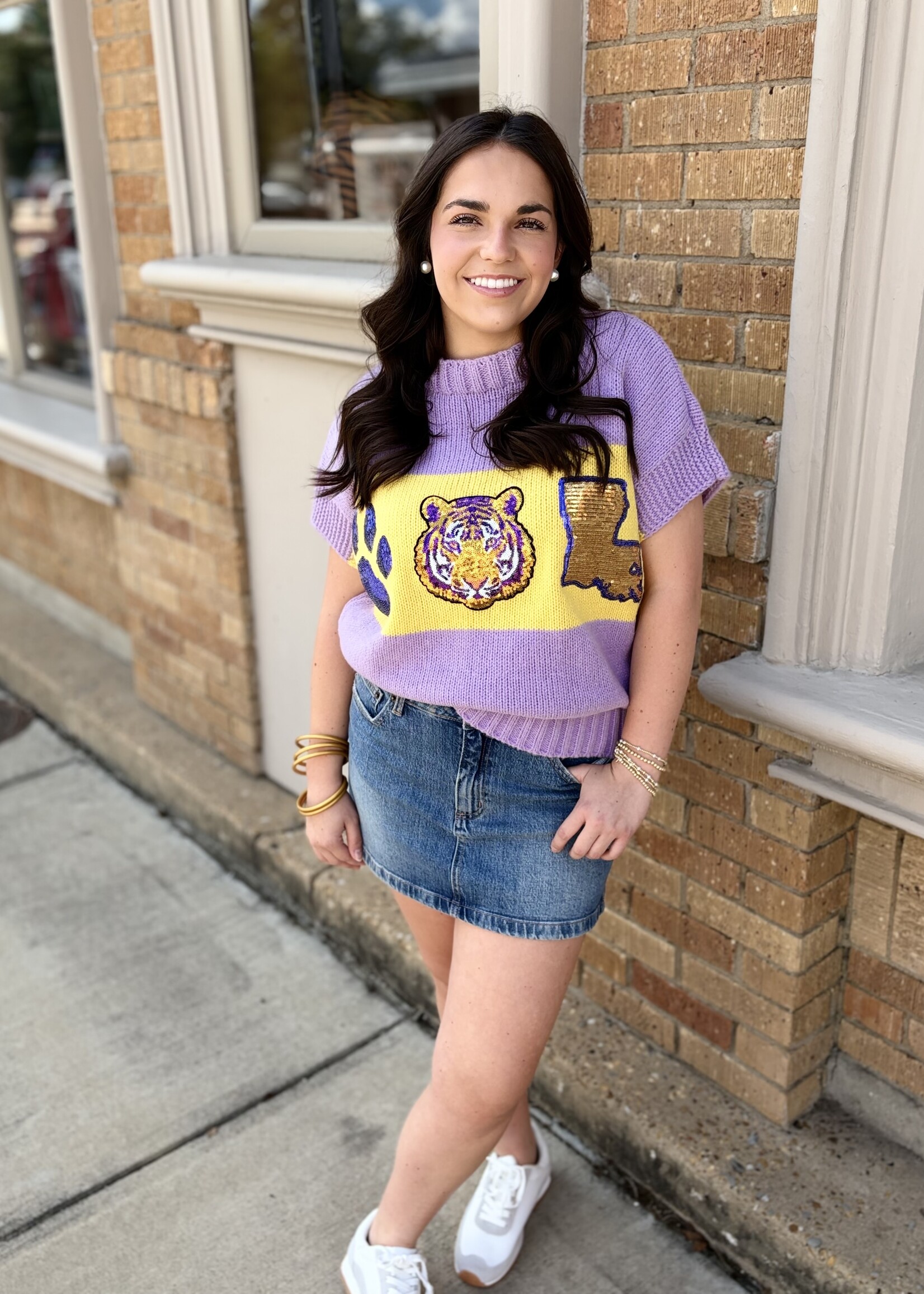 SongLily Purple & Gold Tiger Icon Sweater Vest