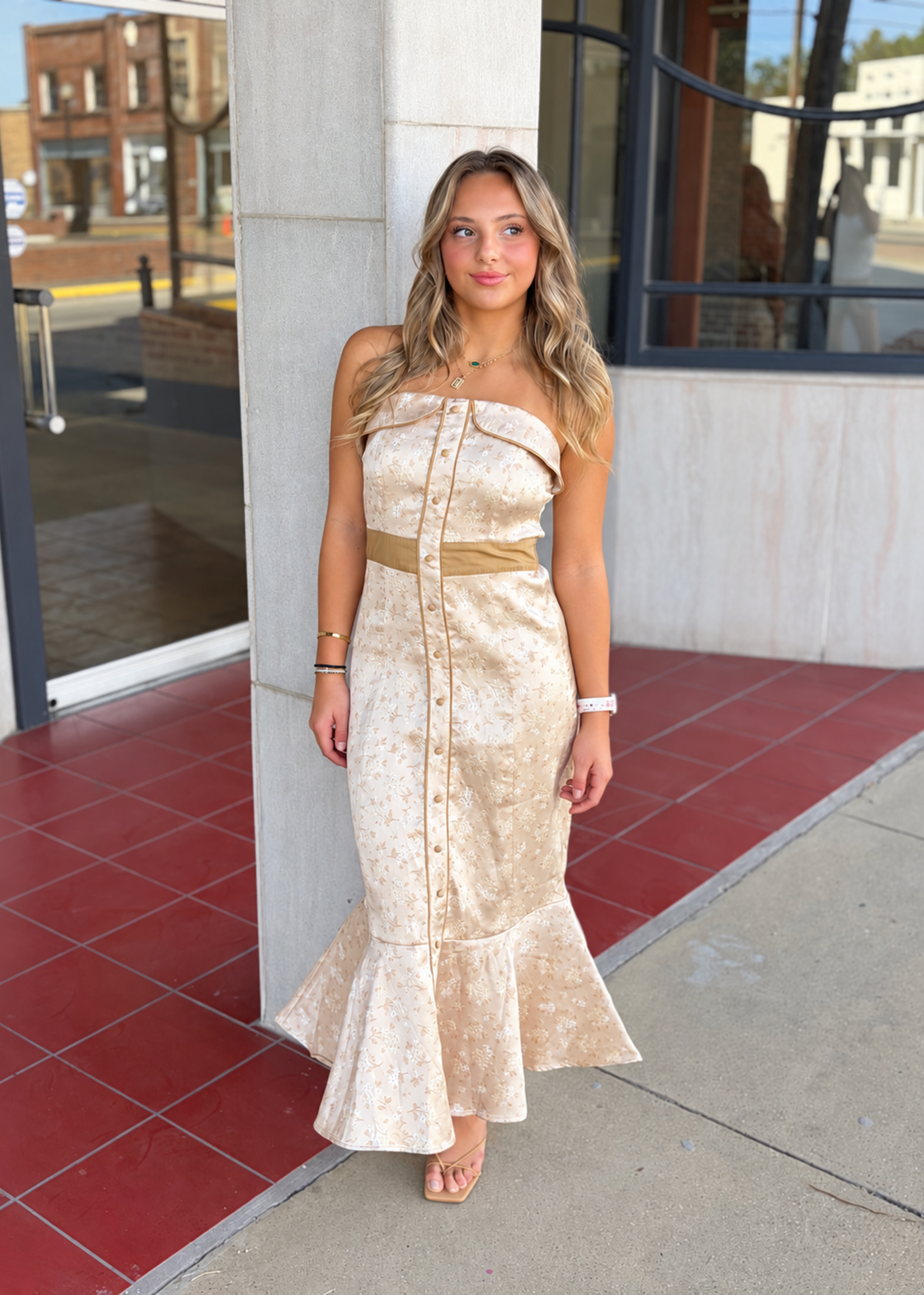 Mable Taupe Bow Tied Shoulder Button Up Midi