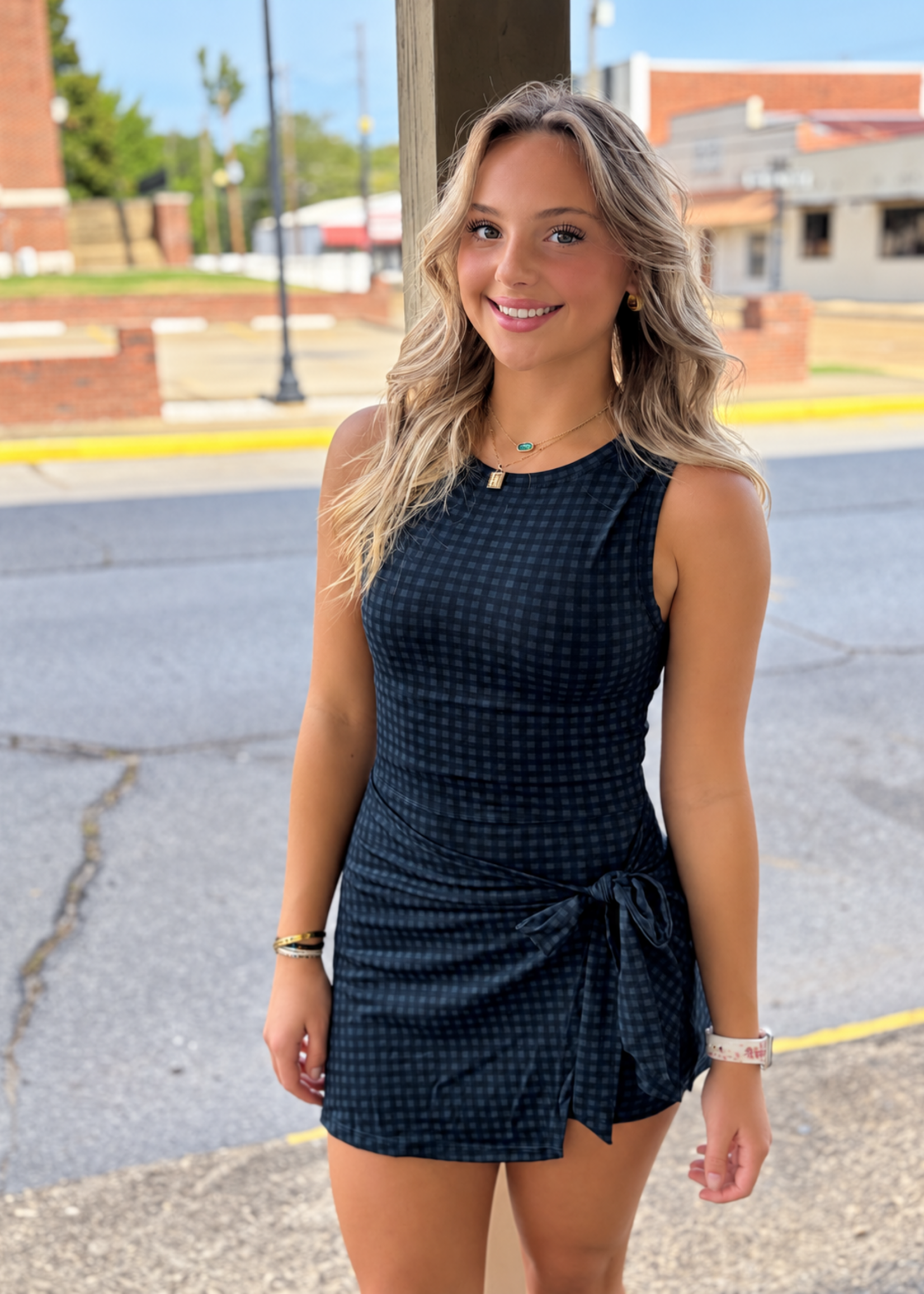 GLOWIE Navy & Green Gingham Tie Athletic Dress