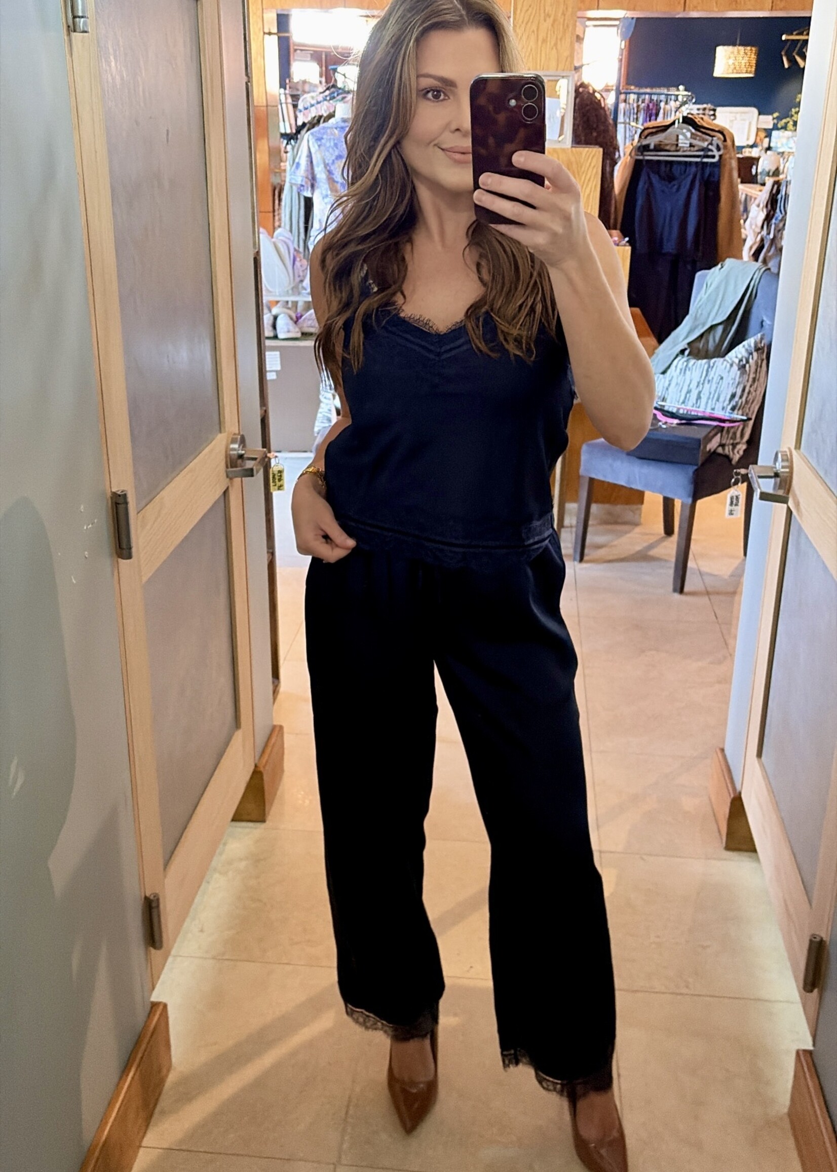 Le Lis Navy Lace Trim Satin Pants