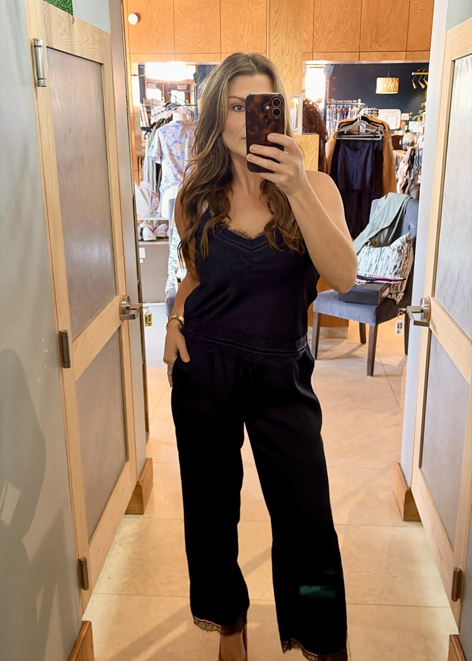 Le Lis Navy Lace Trim Satin Pants