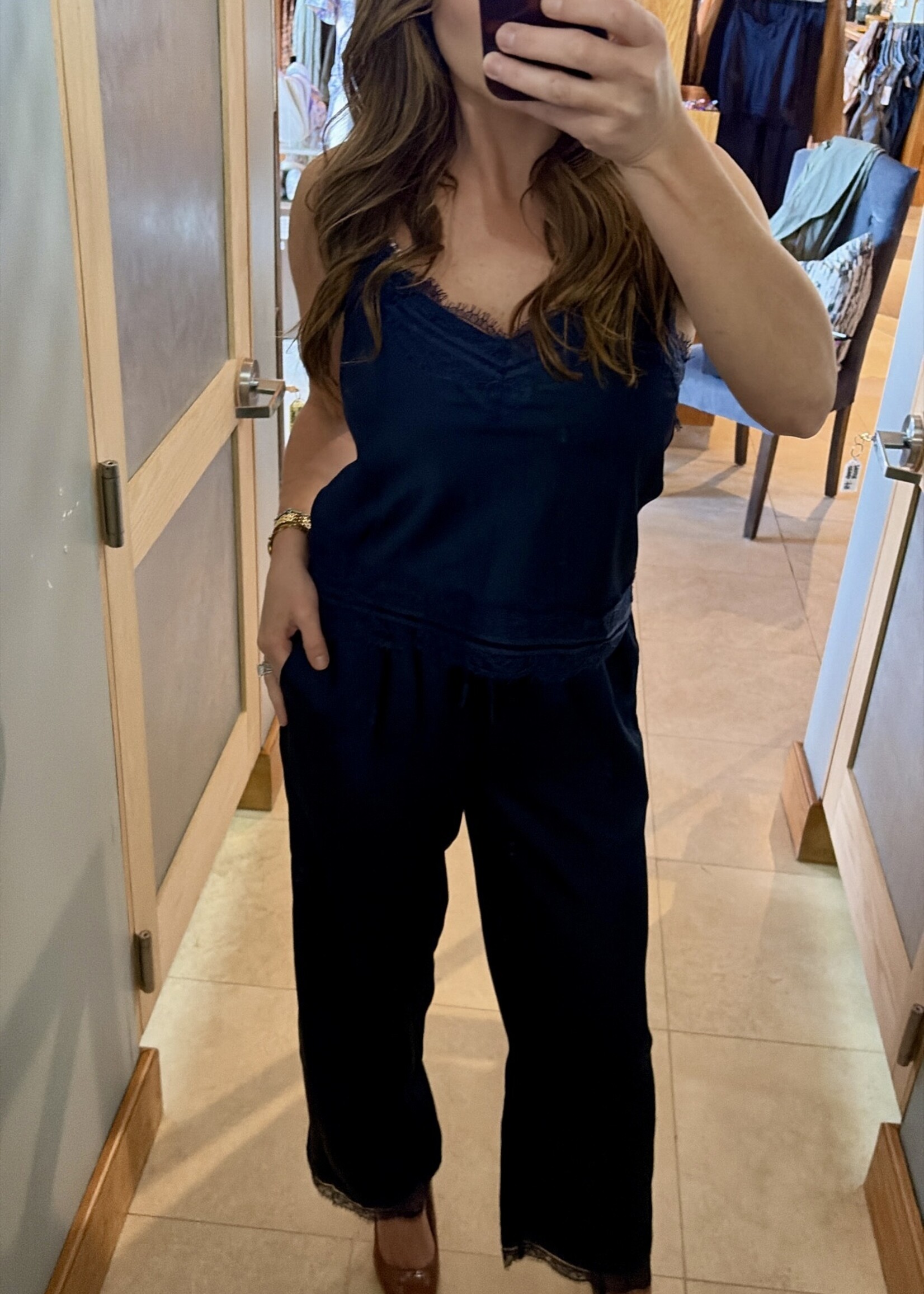 Le Lis Navy Lace Trim Satin Pants