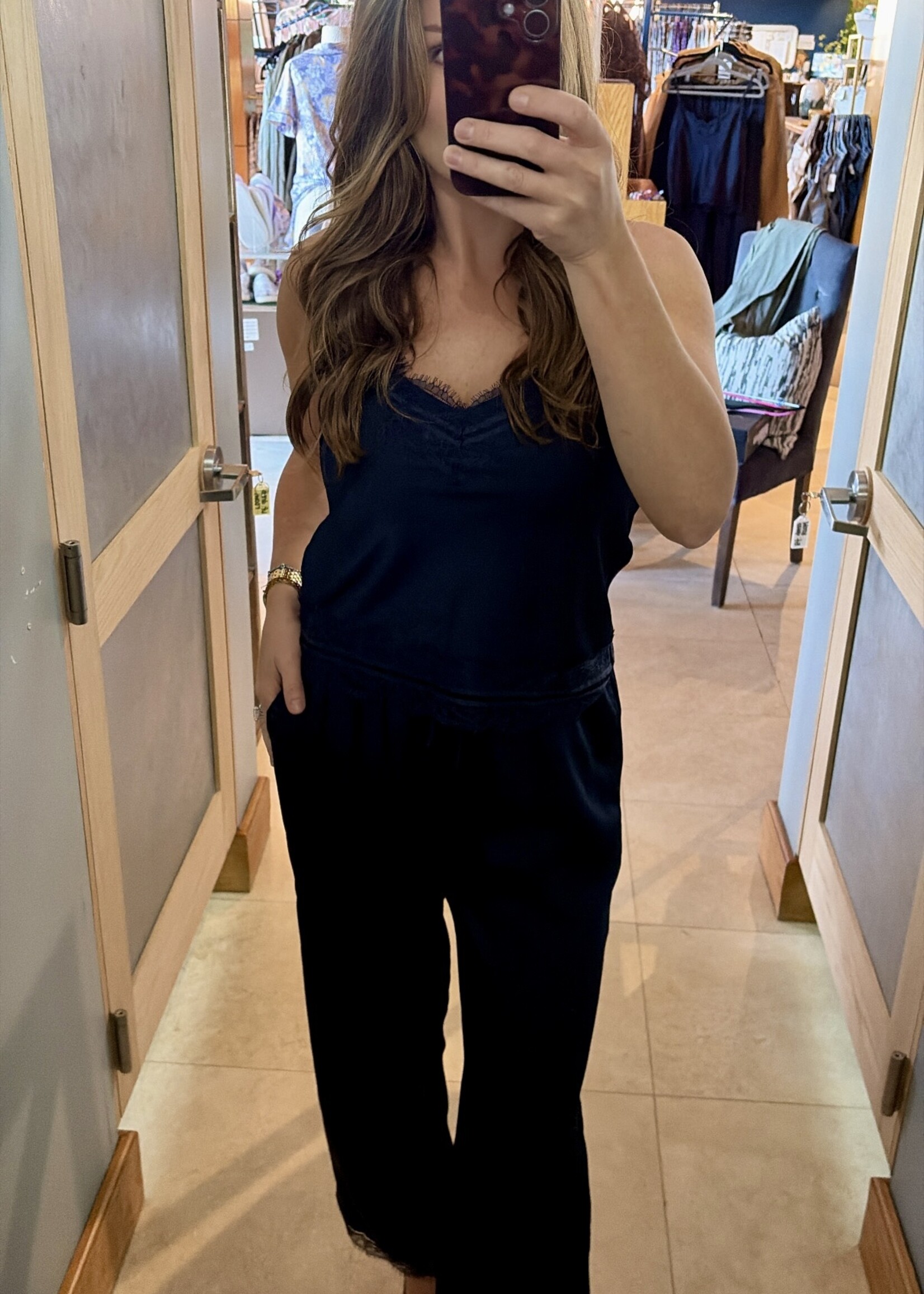 Le Lis Navy Lace Trim Satin Pants