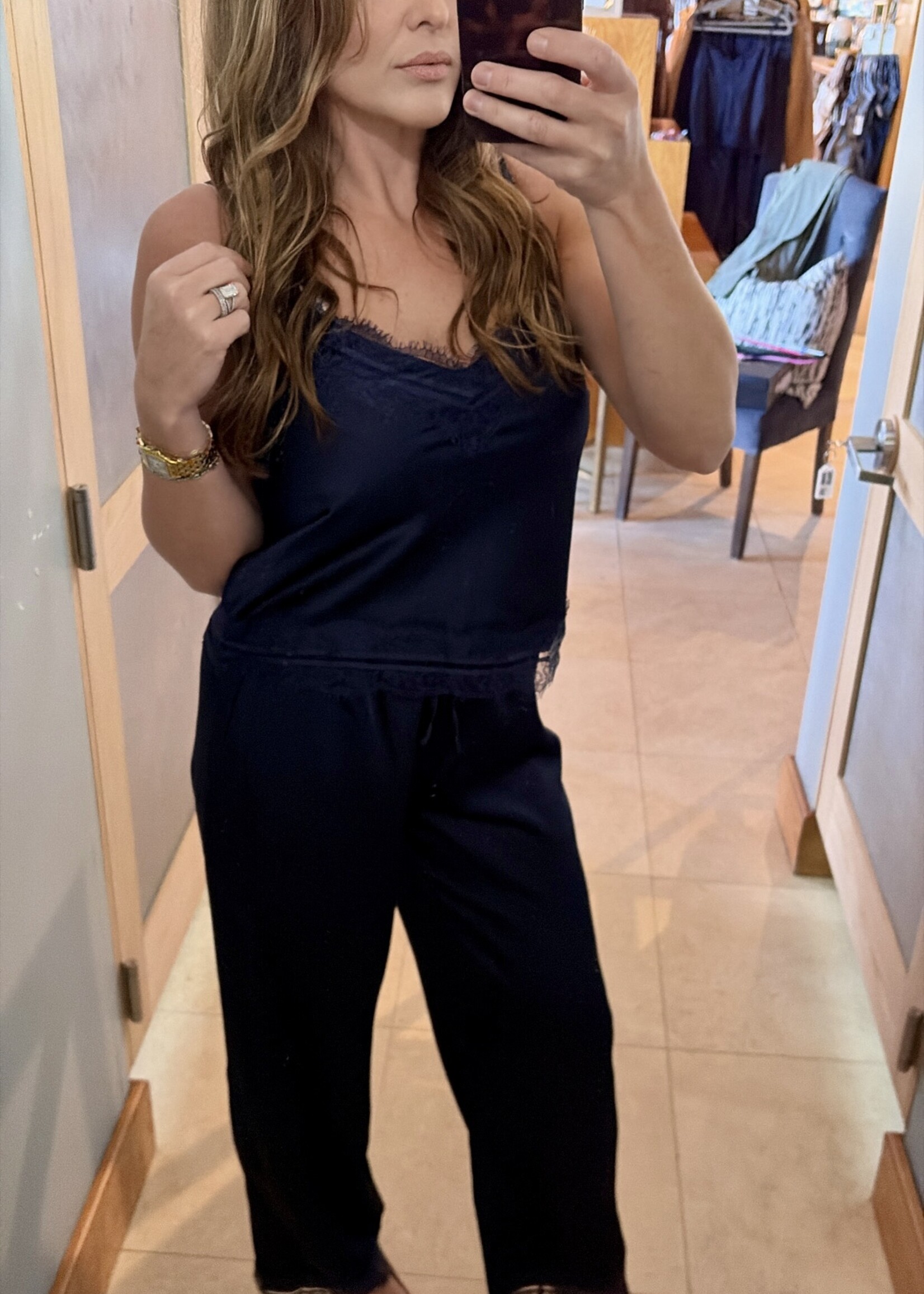 Le Lis Navy Lace Trim Satin Pants