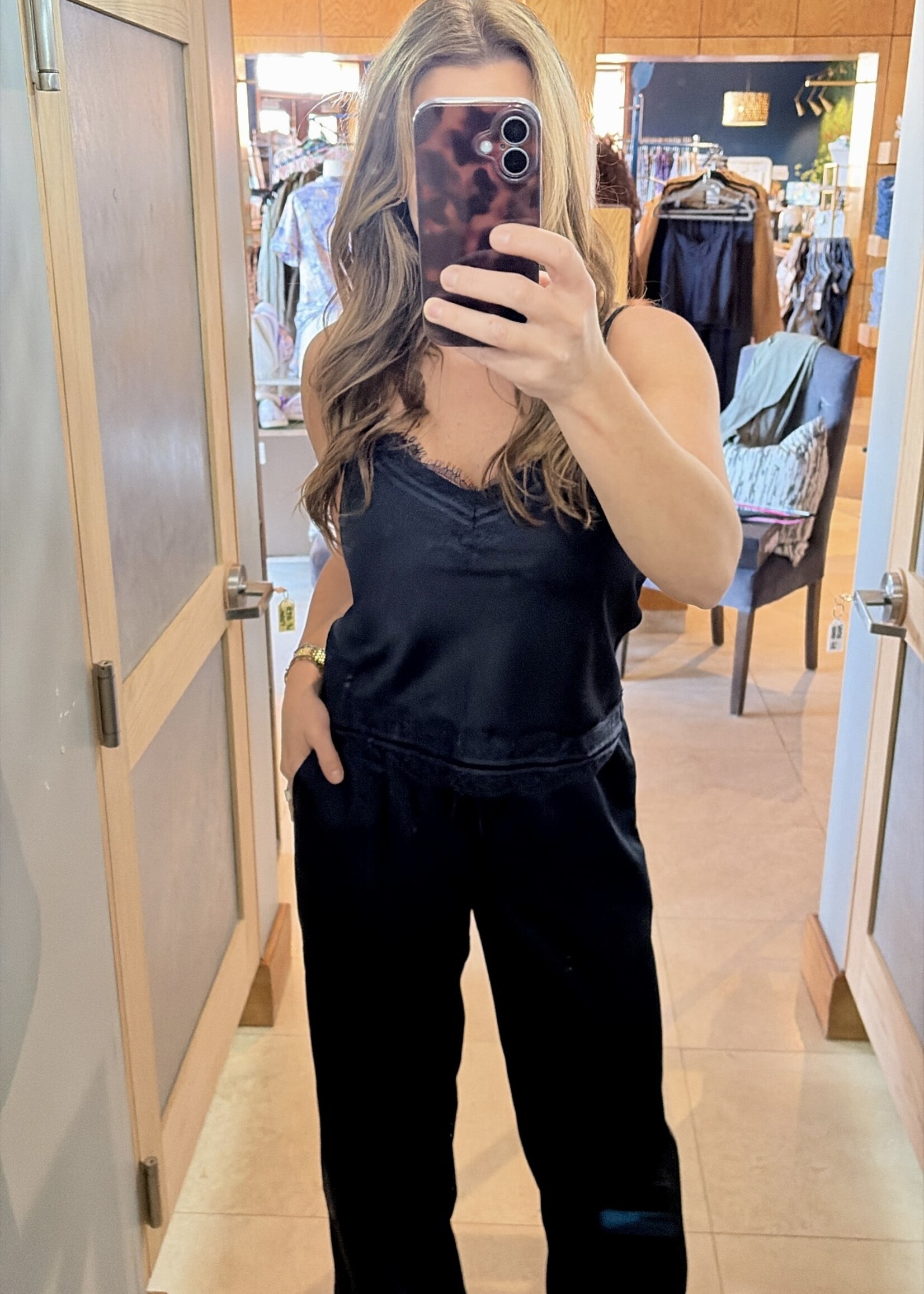 Le Lis Navy Satin Lace Trim Top