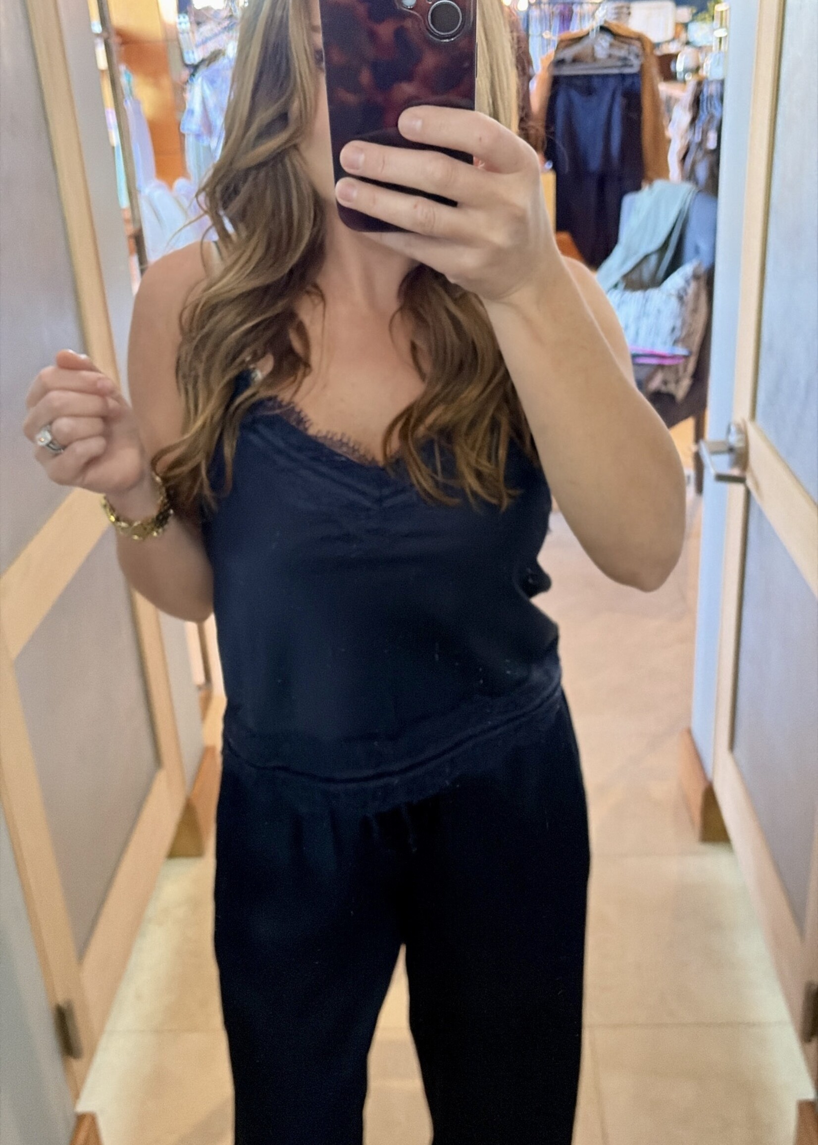 Le Lis Navy Satin Lace Trim Top