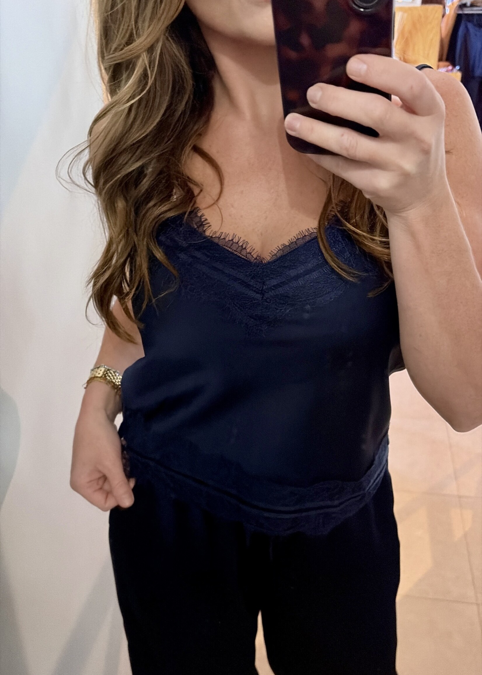 Le Lis Navy Satin Lace Trim Top