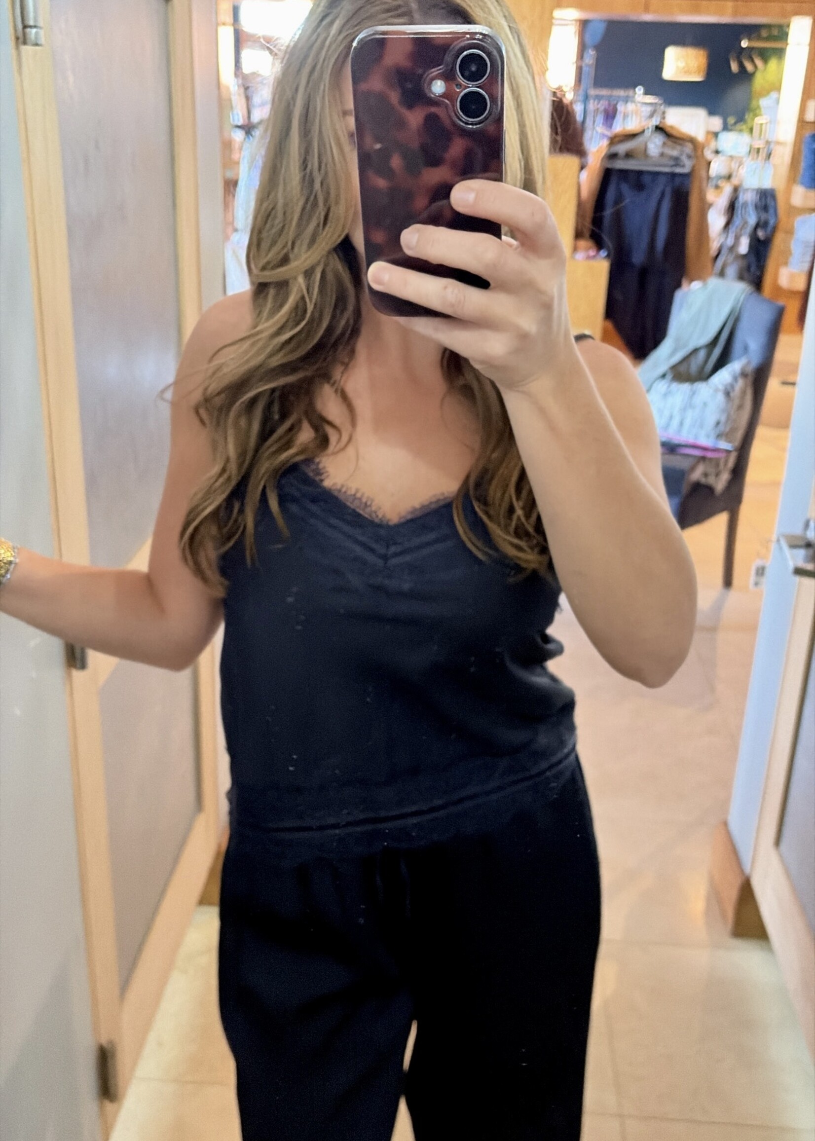 Le Lis Navy Satin Lace Trim Top