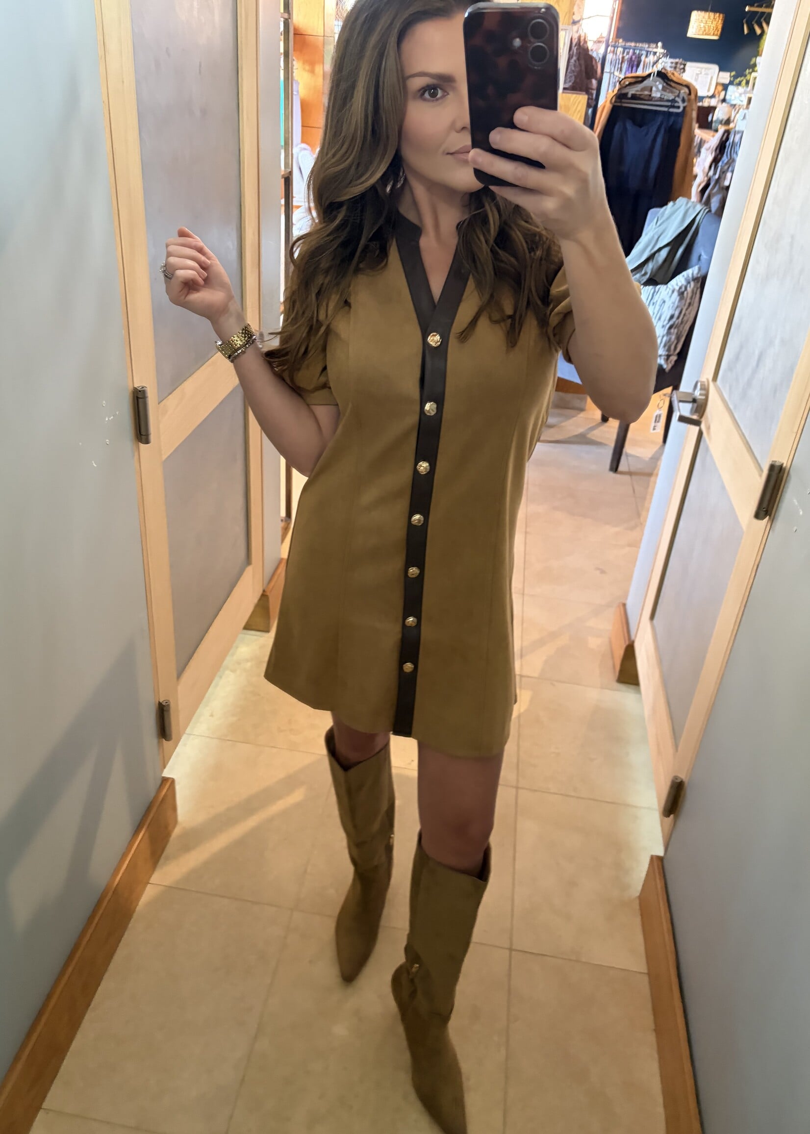 THML Tan Suede Mini w/ Gold Buttons