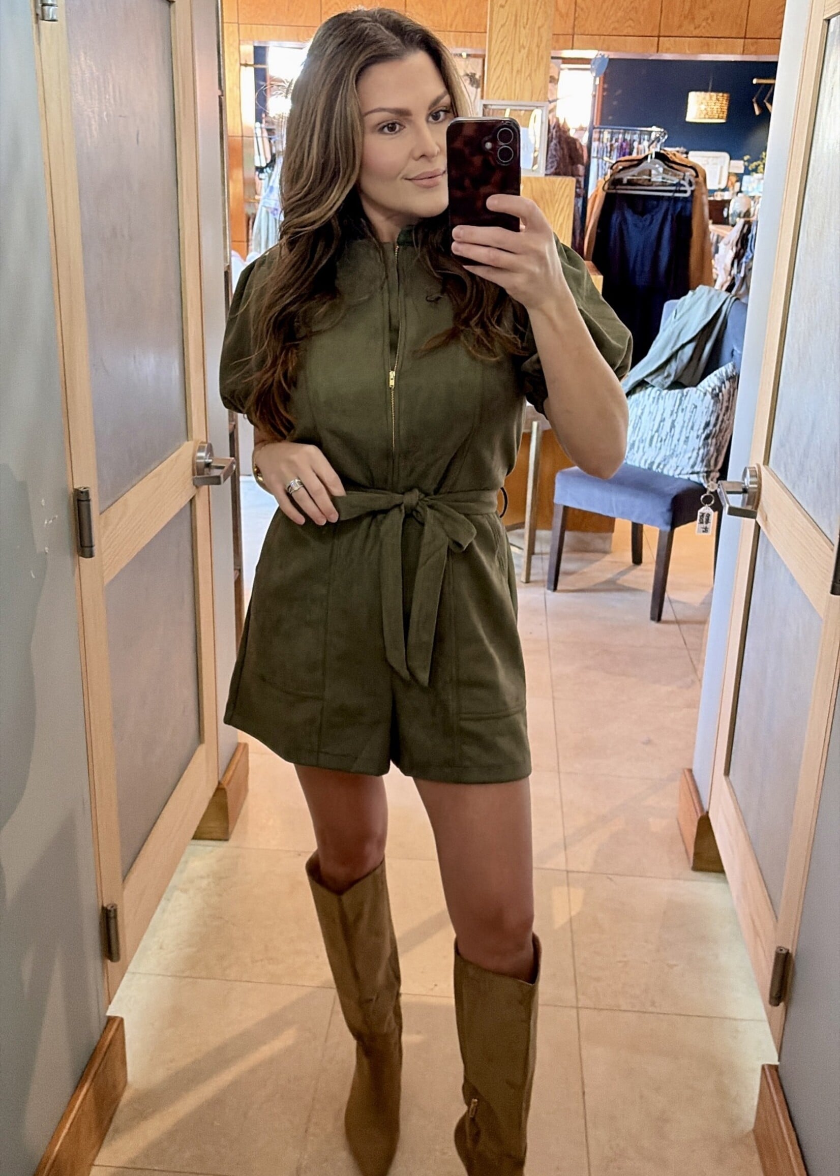 THML Olive Zipper Front Puff Sleeve Romper