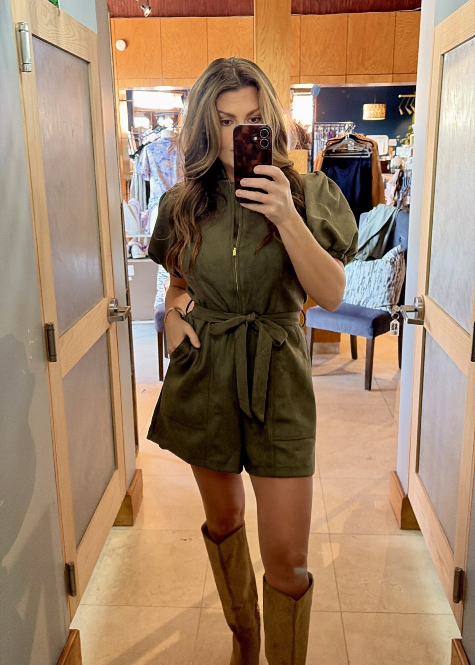 THML Olive Zipper Front Puff Sleeve Romper