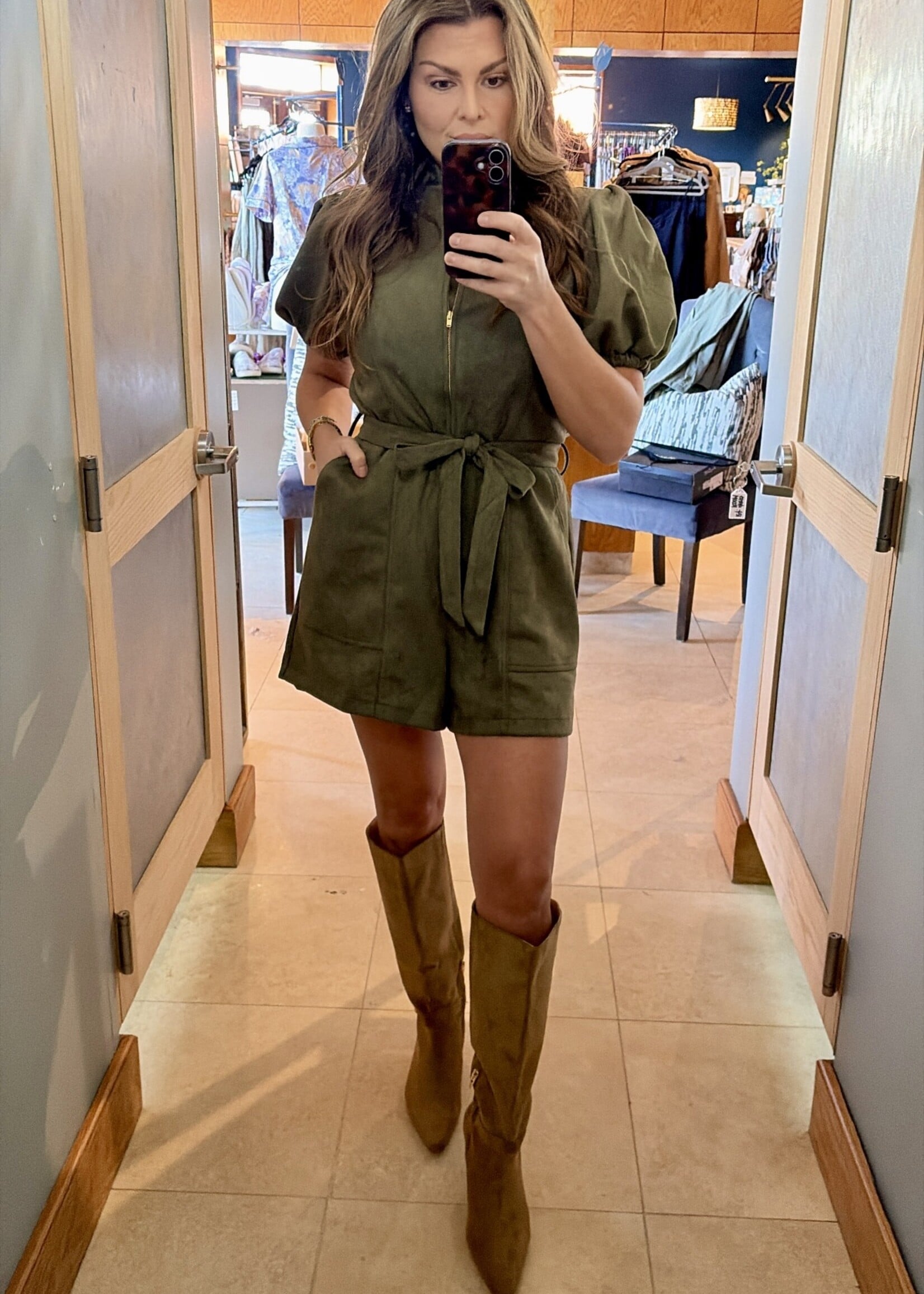 THML Olive Zipper Front Puff Sleeve Romper