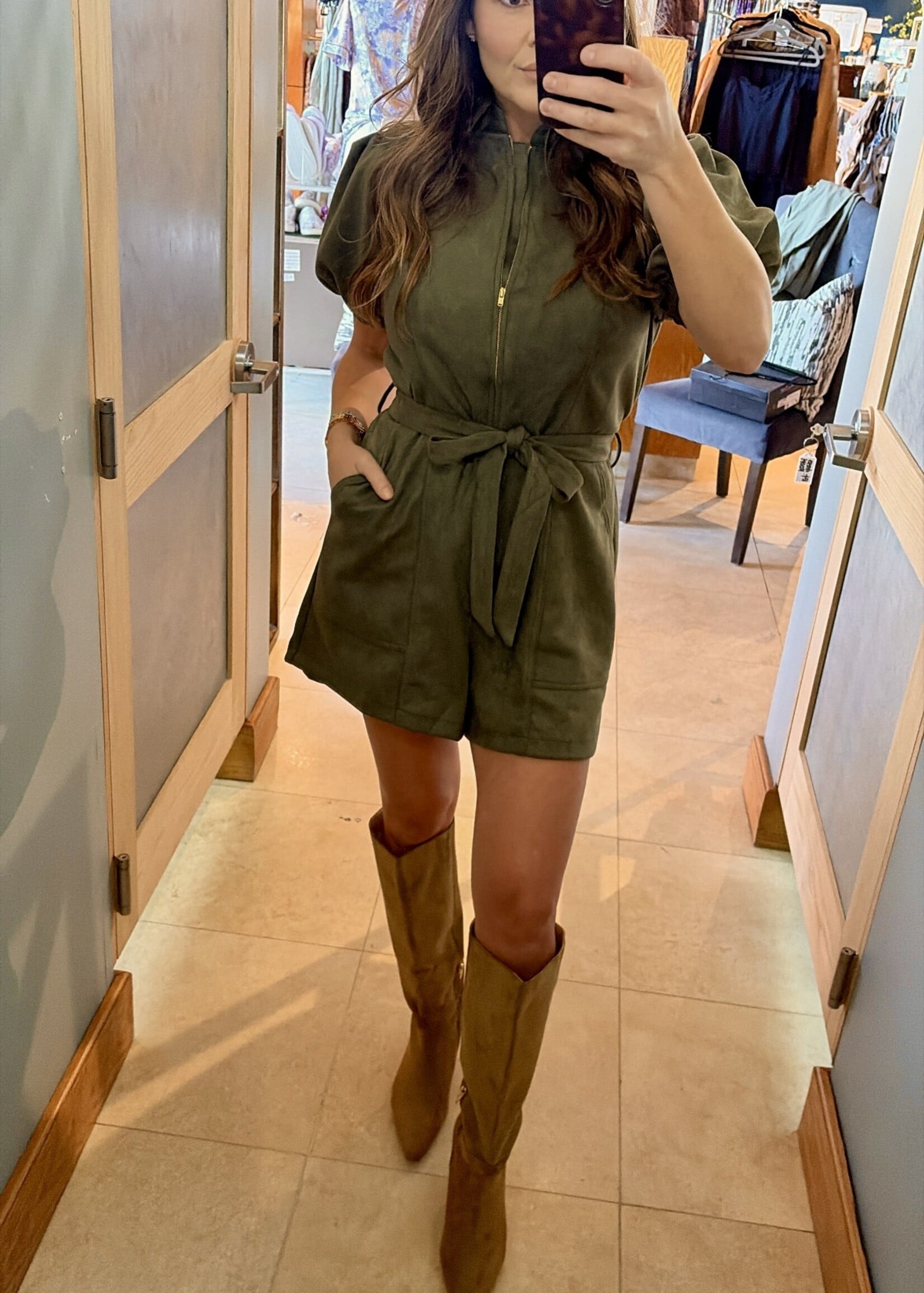 THML Olive Zipper Front Puff Sleeve Romper