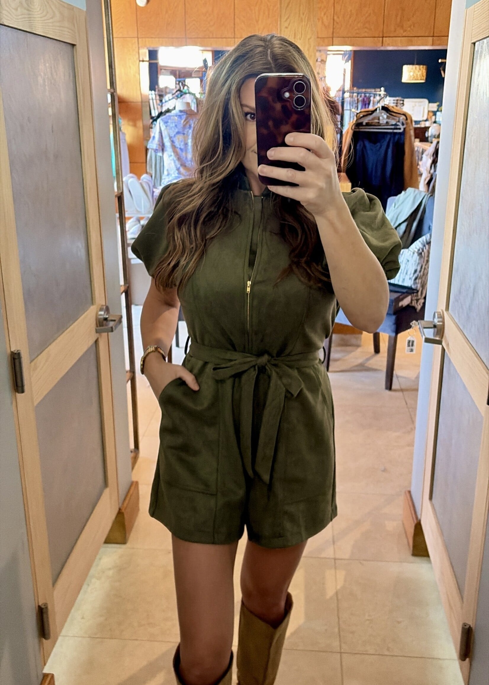 THML Olive Zipper Front Puff Sleeve Romper