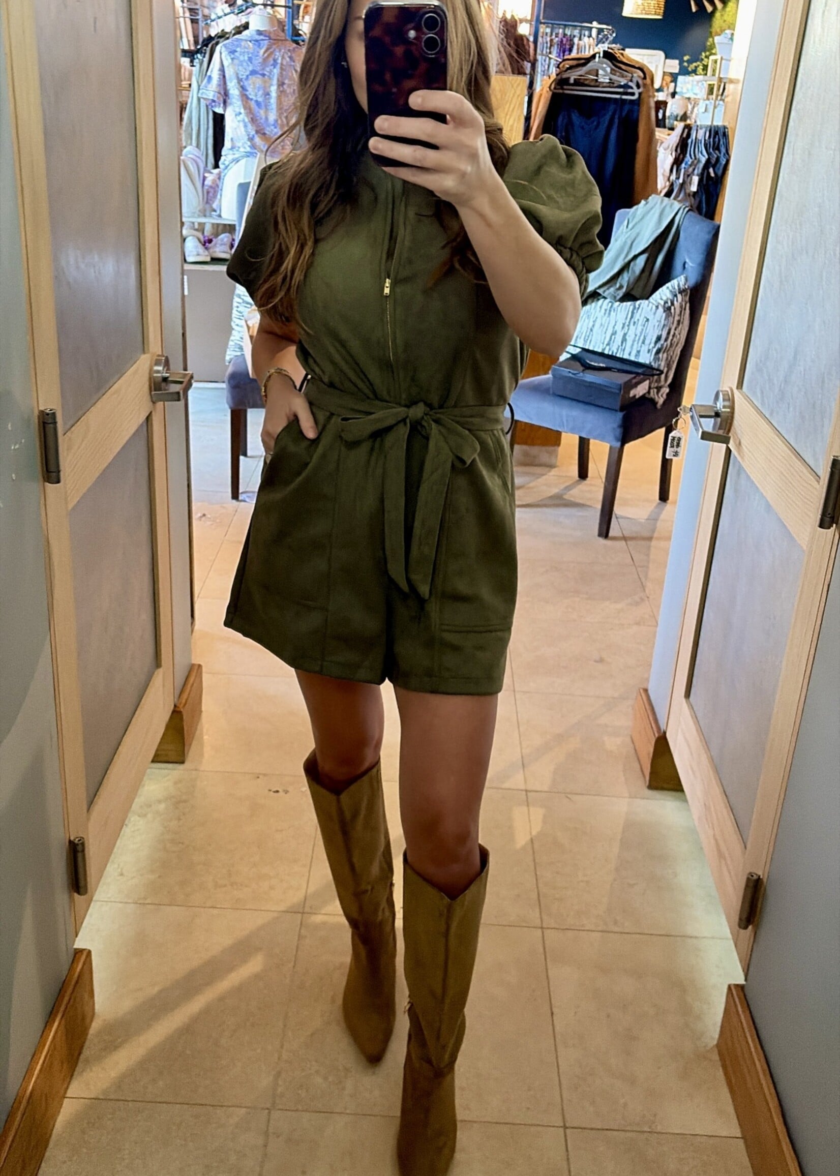 THML Olive Zipper Front Puff Sleeve Romper