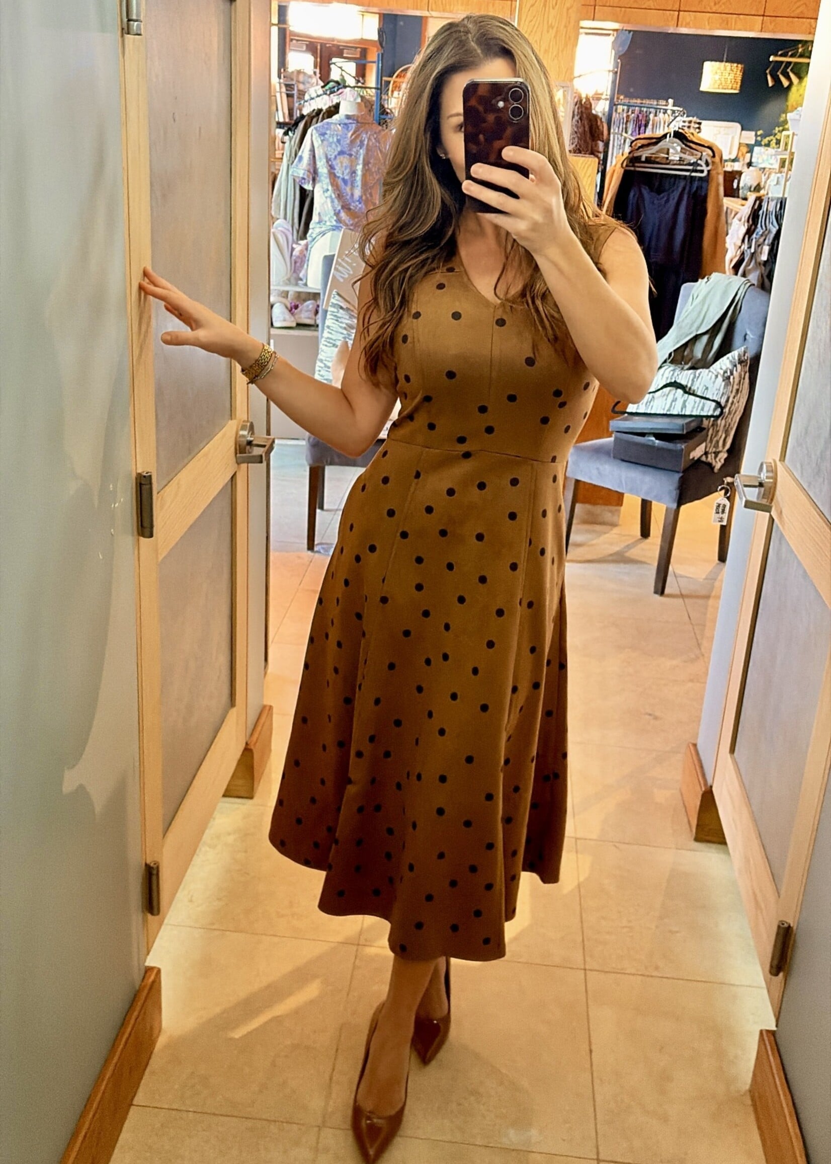 She + Sky Camel Suede V-Neck Midi w/ Polka Dots