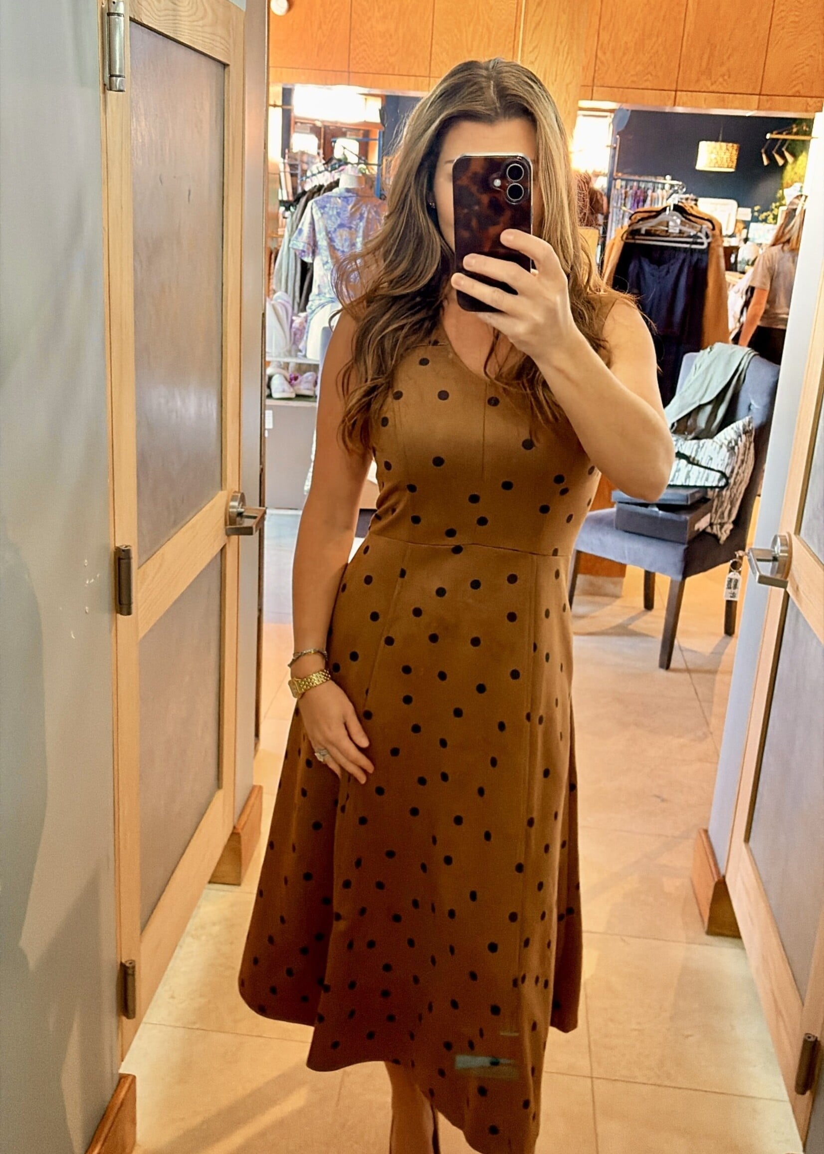 She + Sky Camel Suede V-Neck Midi w/ Polka Dots