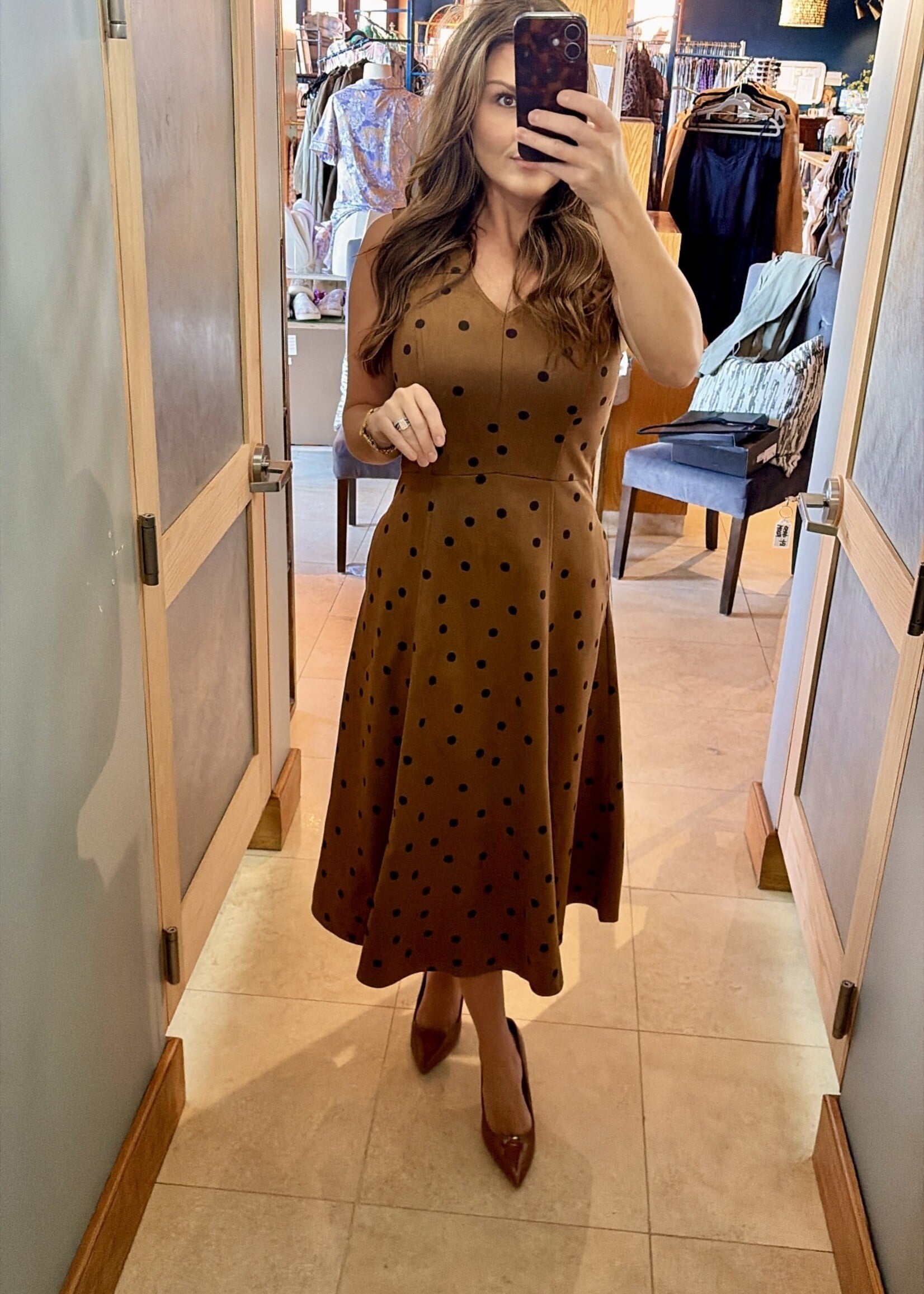She + Sky Camel Suede V-Neck Midi w/ Polka Dots