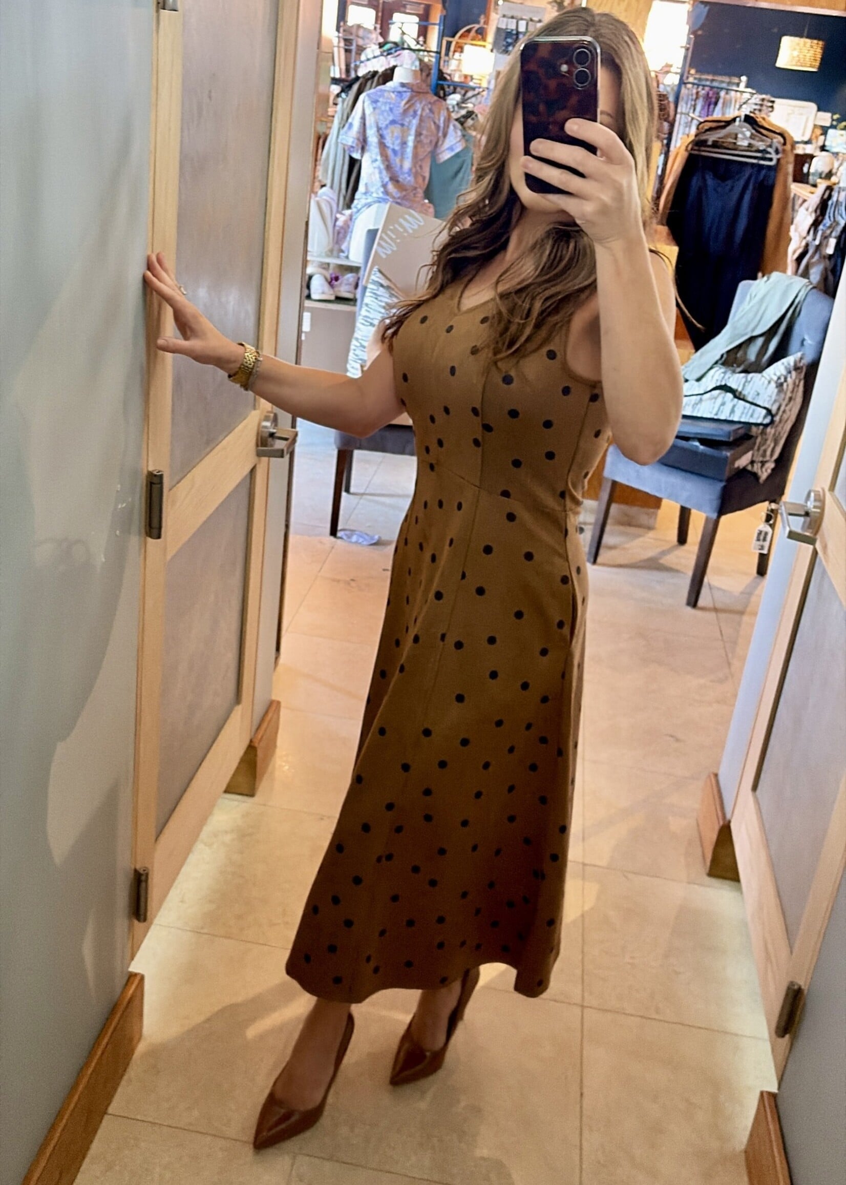 She + Sky Camel Suede V-Neck Midi w/ Polka Dots