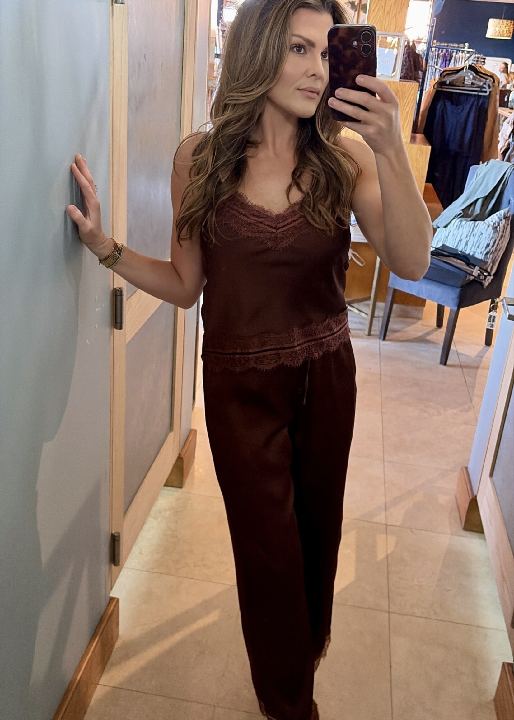 Le Lis Brown Satin Lace Trim Top
