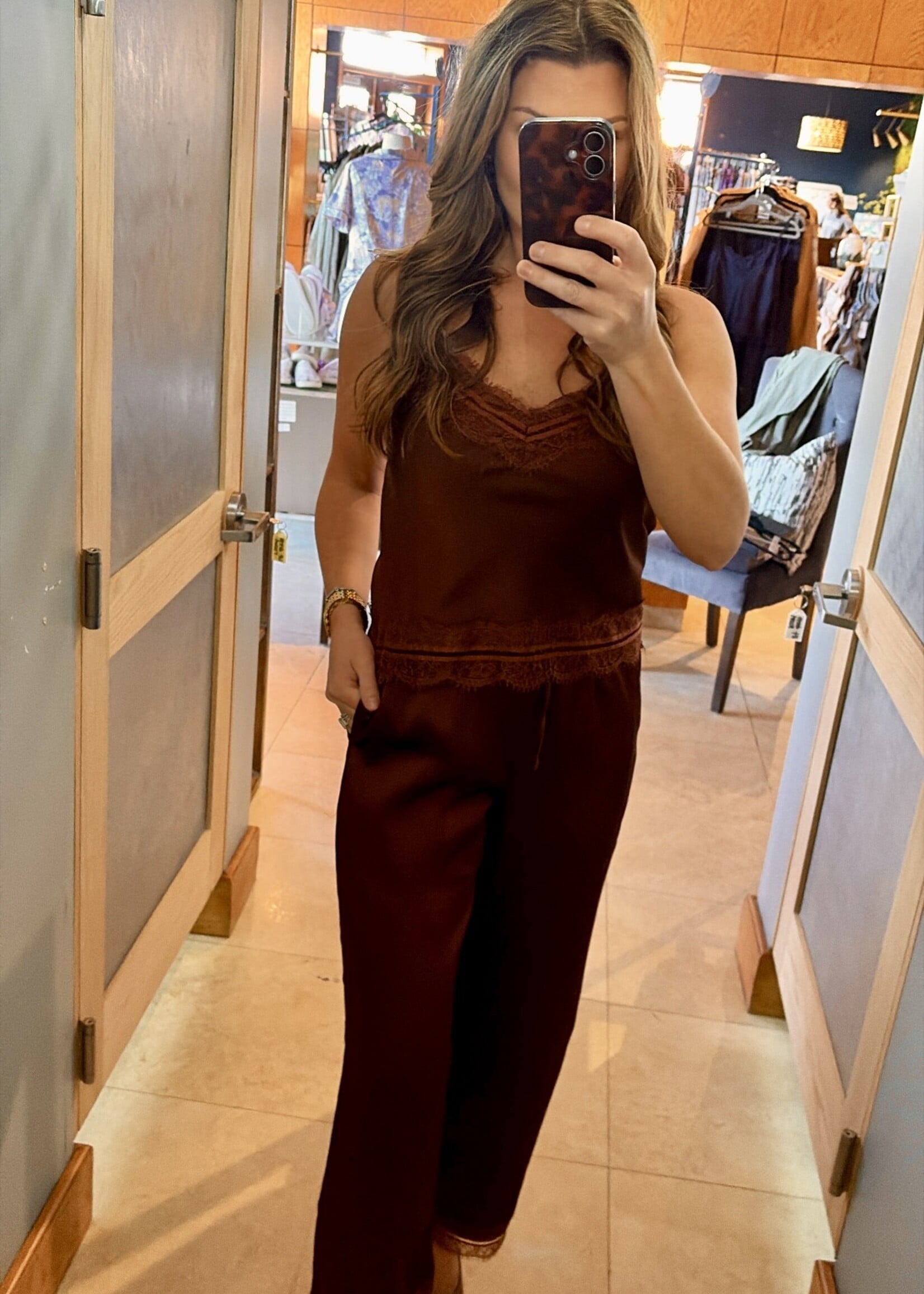 Le Lis Brown Satin Lace Trim Top