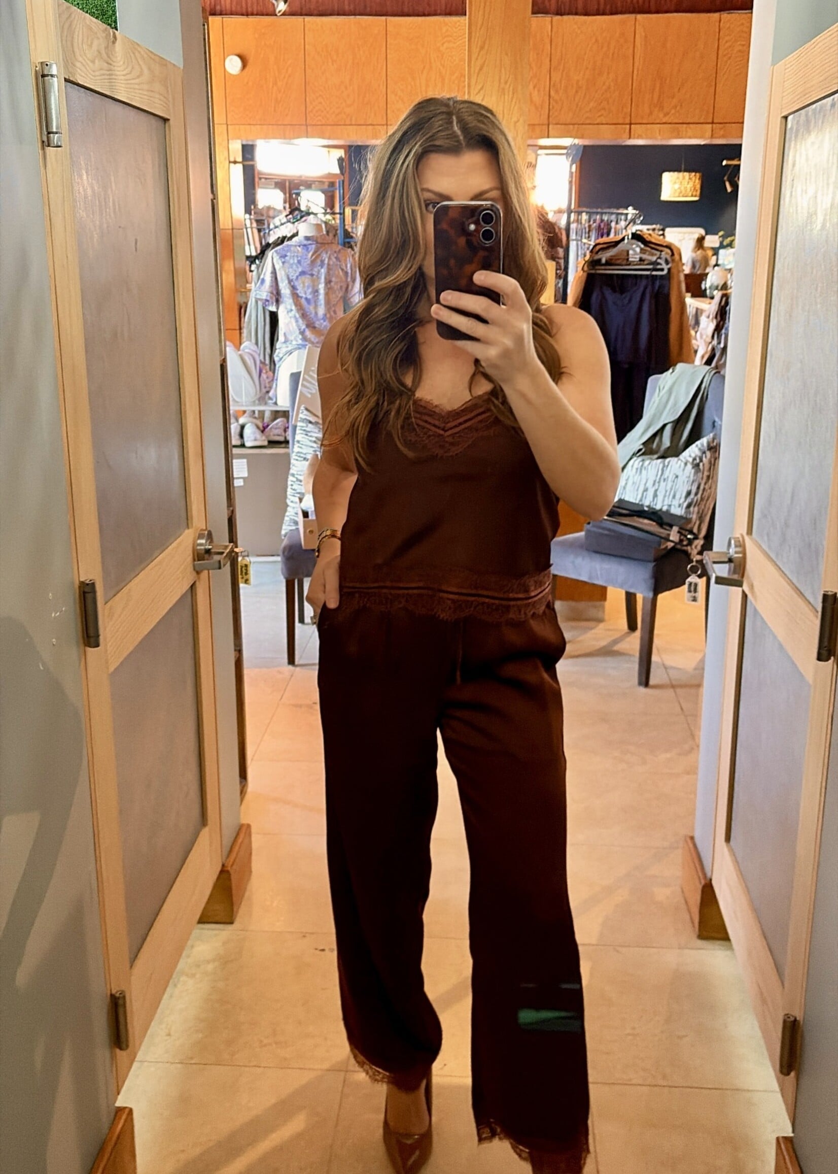 Le Lis Brown Satin Lace Trim Top