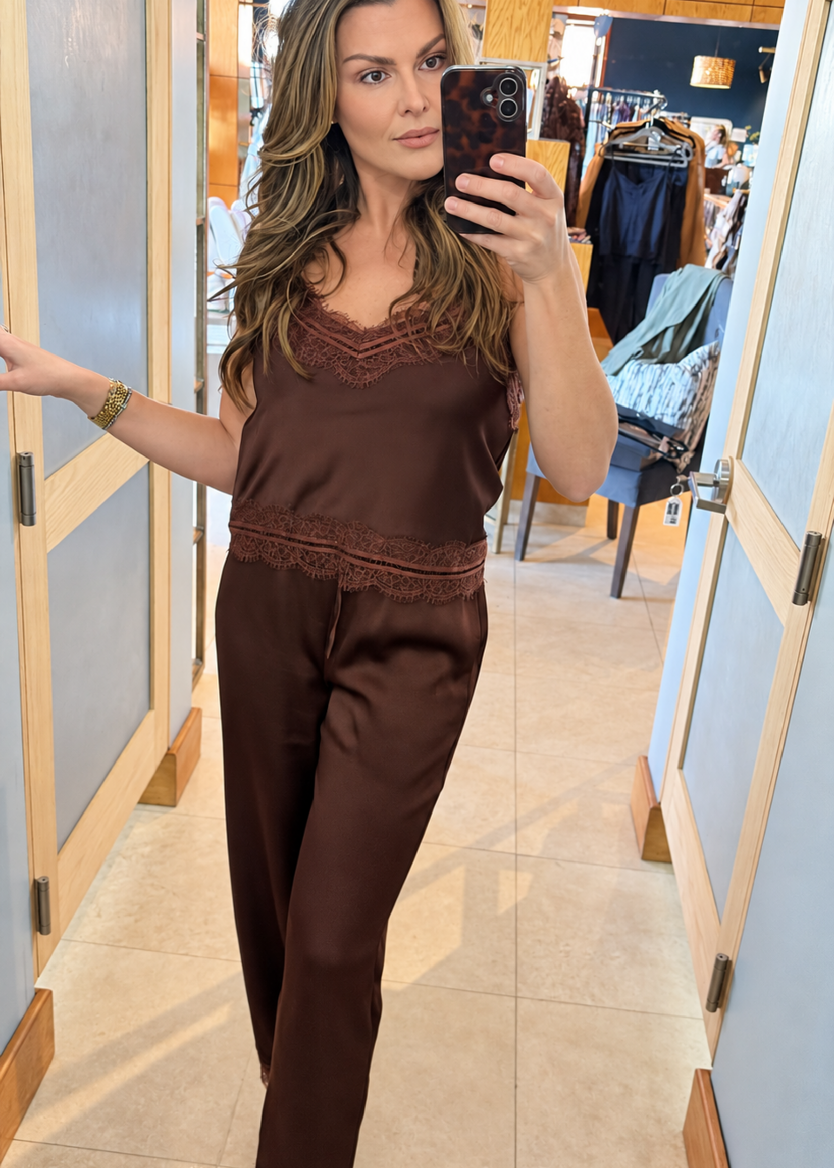 Le Lis Brown Lace Trim Satin Pants