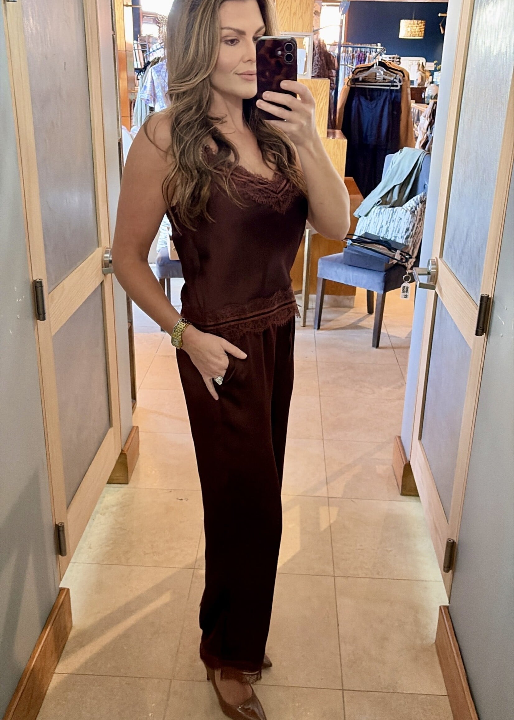 Le Lis Brown Lace Trim Satin Pants