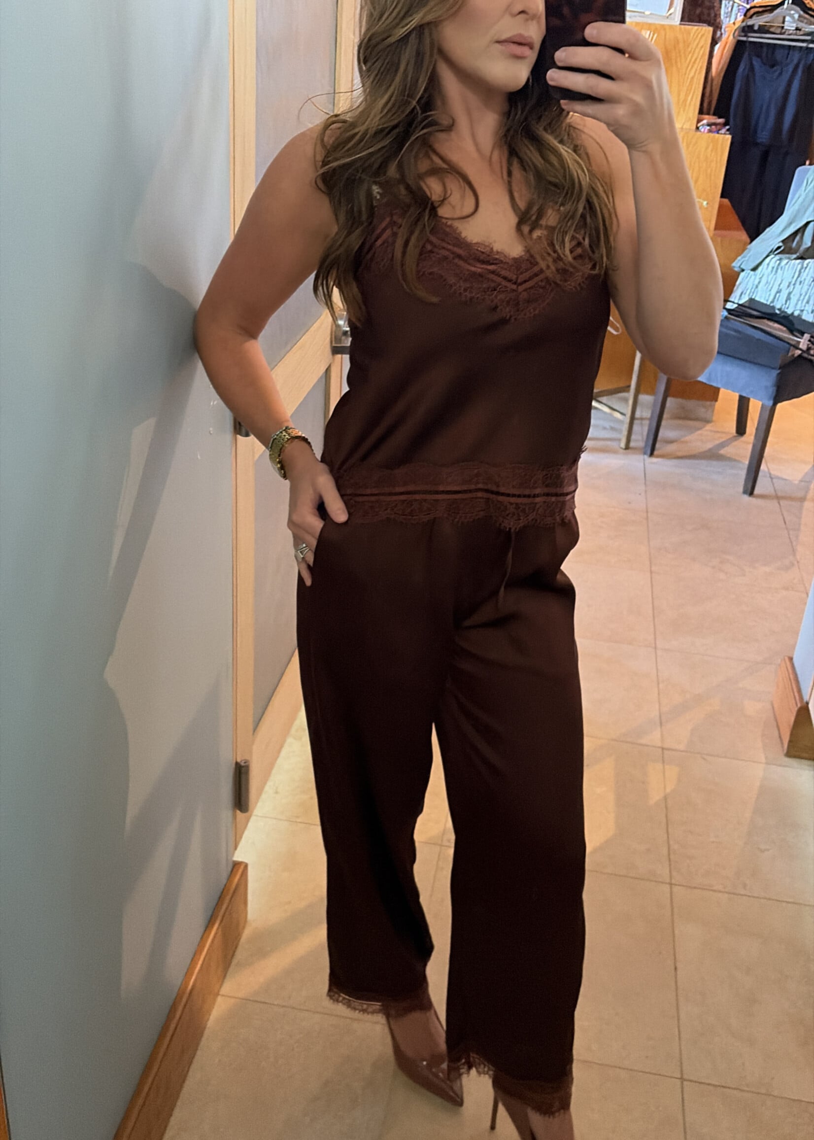 Le Lis Brown Lace Trim Satin Pants