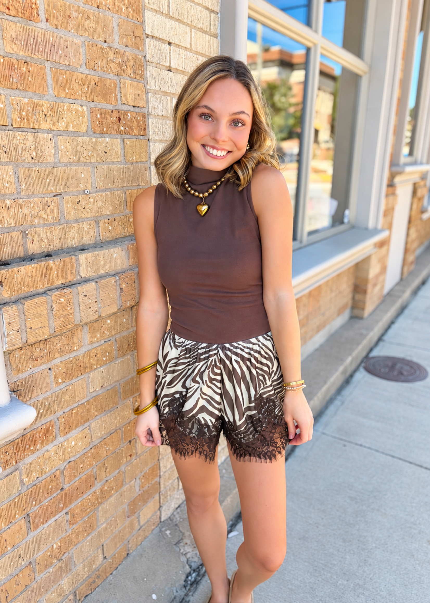 Bailey Rose Cream & Brown Zebra Lace Trim Shorts