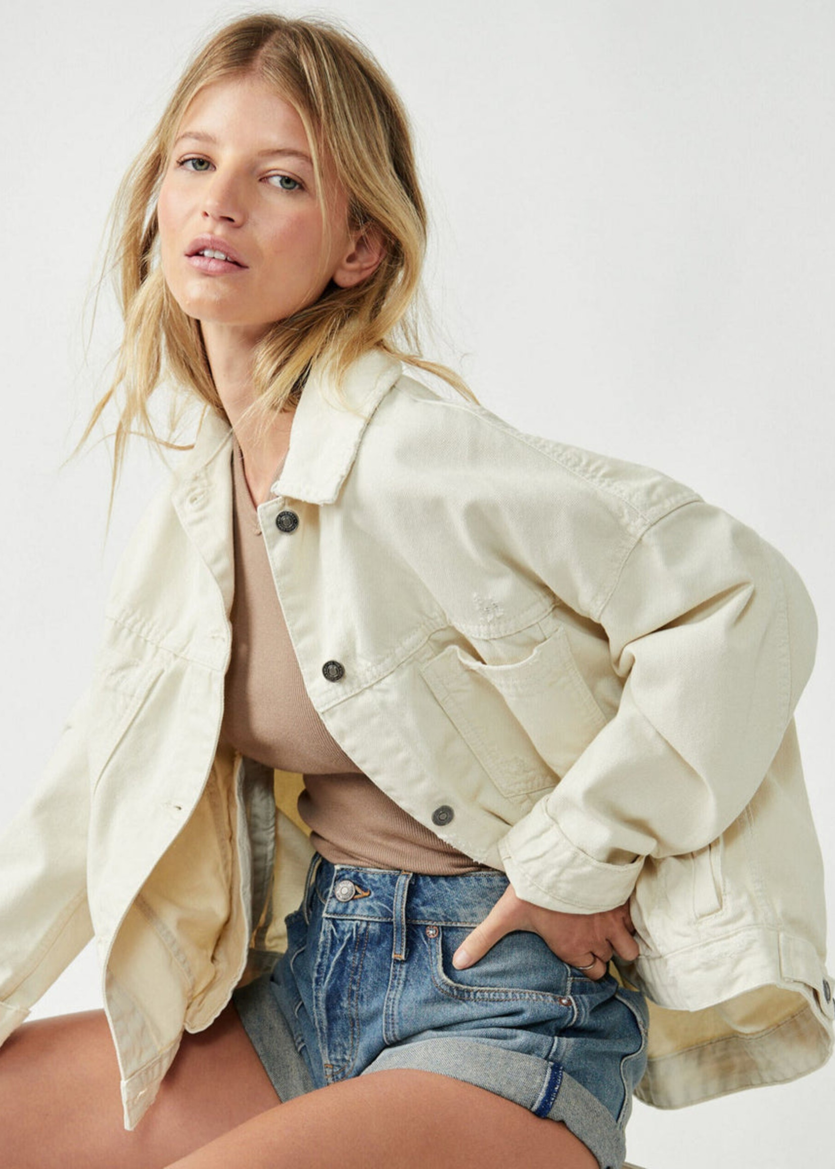 Free People FP Opal Swing Denim Jacket - Bright Ecru