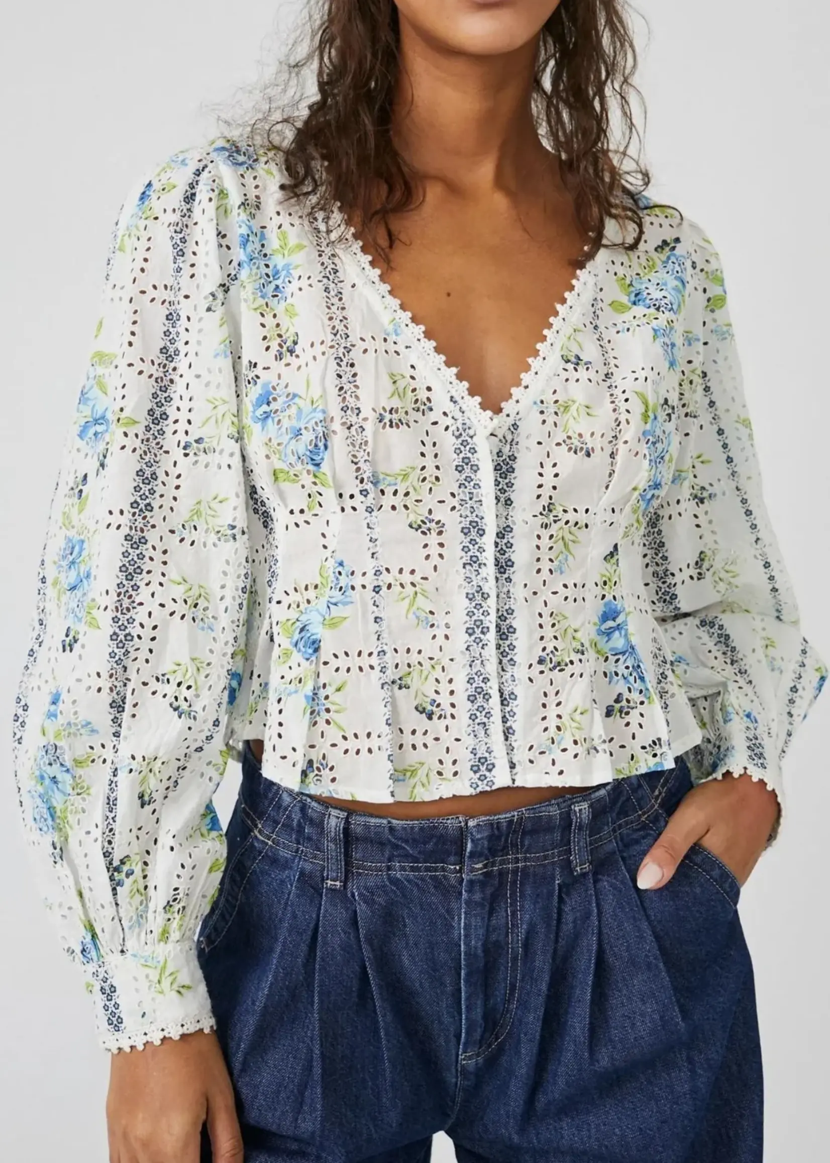 Free People FP Blossom Eyelet Top - Bright White Combo