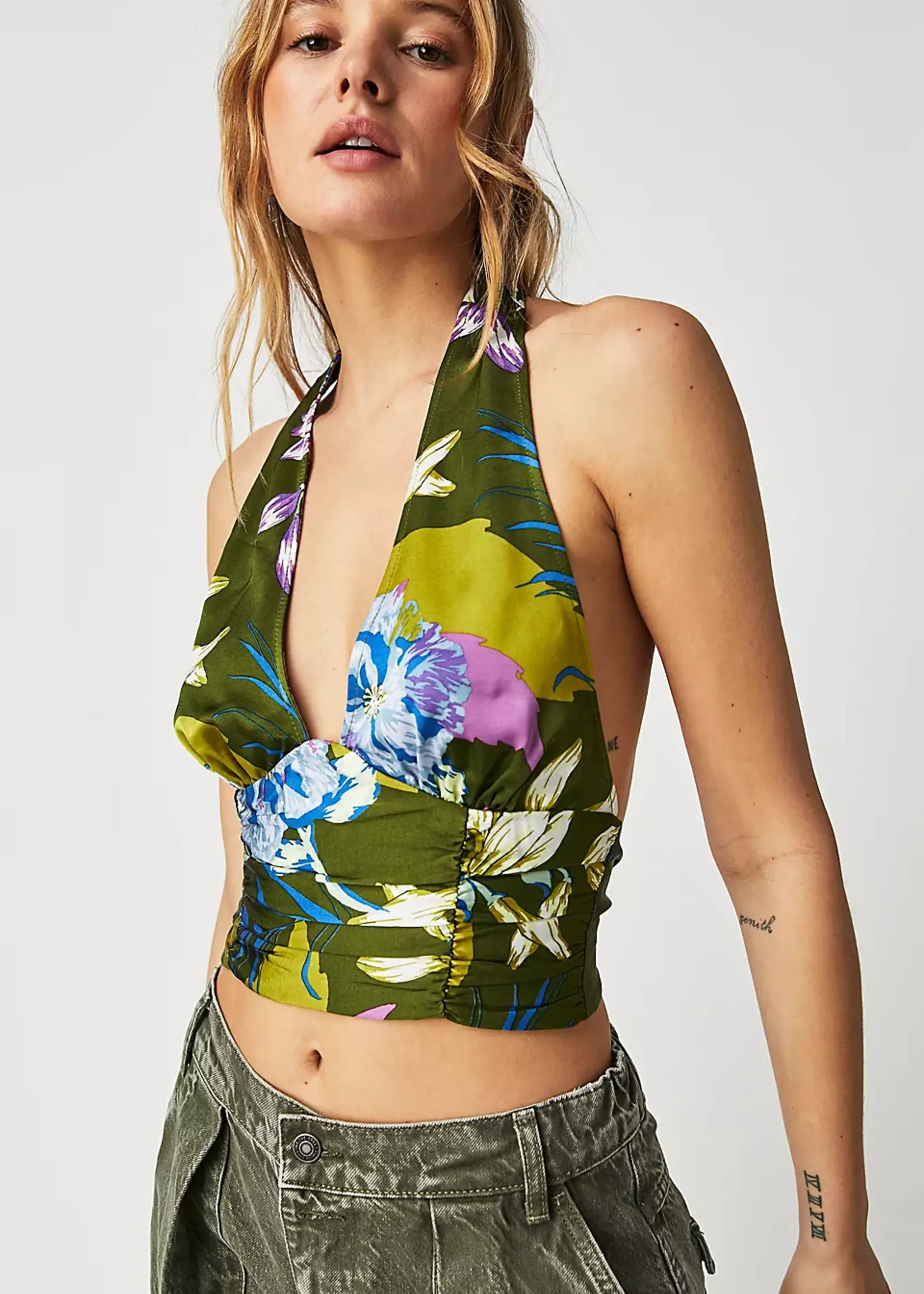 Free People FP Seraphina Halter Top -Bright Olive Combo