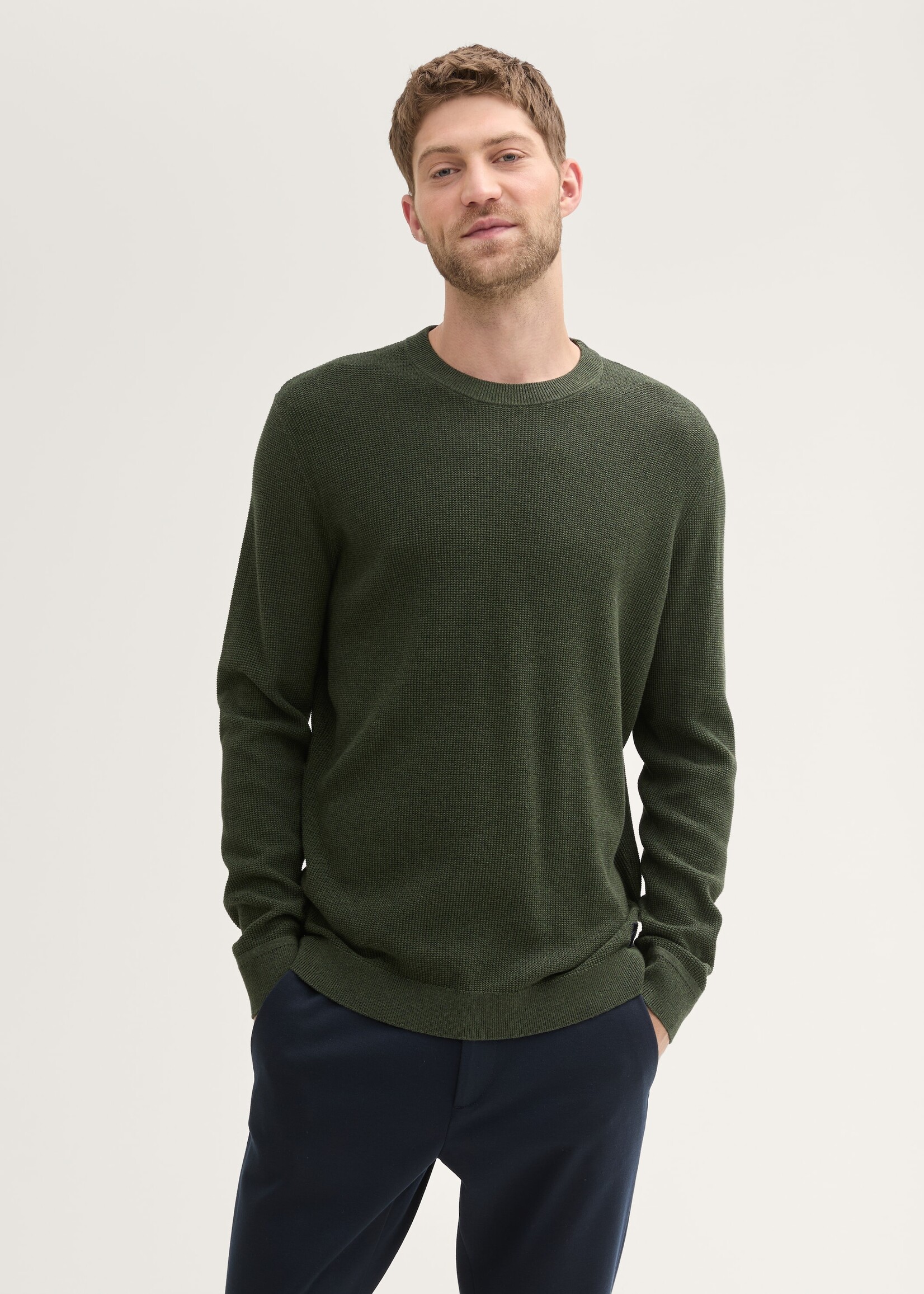 Tom Tailor Tom Tailor Textured Round Neck Sweater - Rosin Green Melange