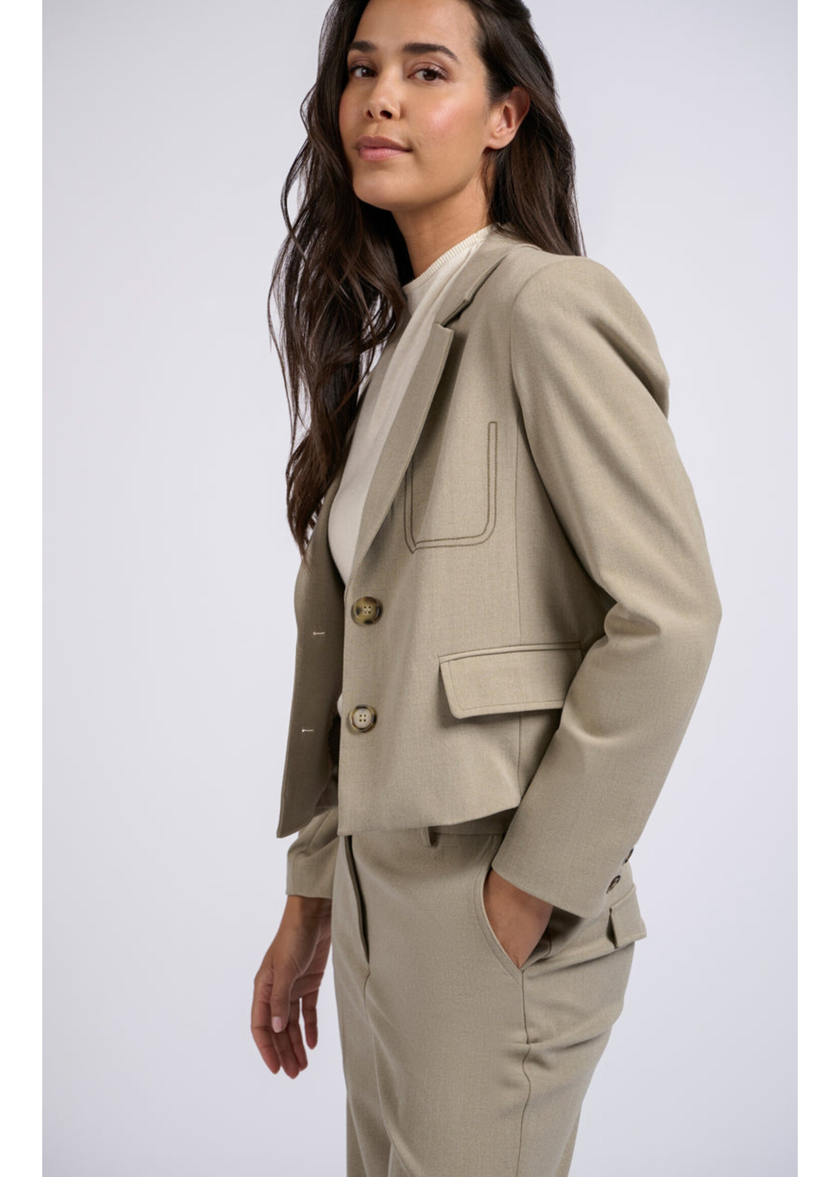 Yaya Women YAYA Short Woven Blazer With Contrast - Timber Wolf Brown Melange