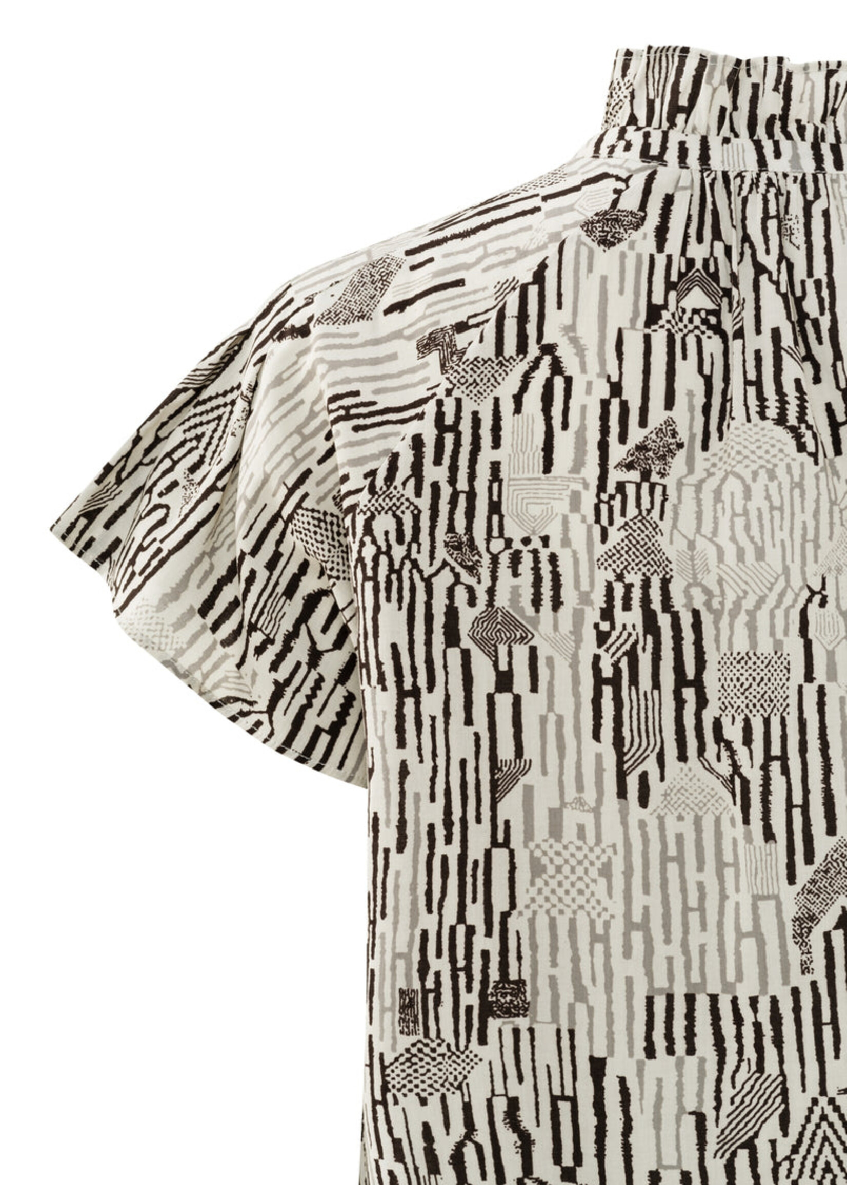 Yaya Women YAYA Printed Shortsleeve Top With Ruffle Neck - Moonstruck Grey