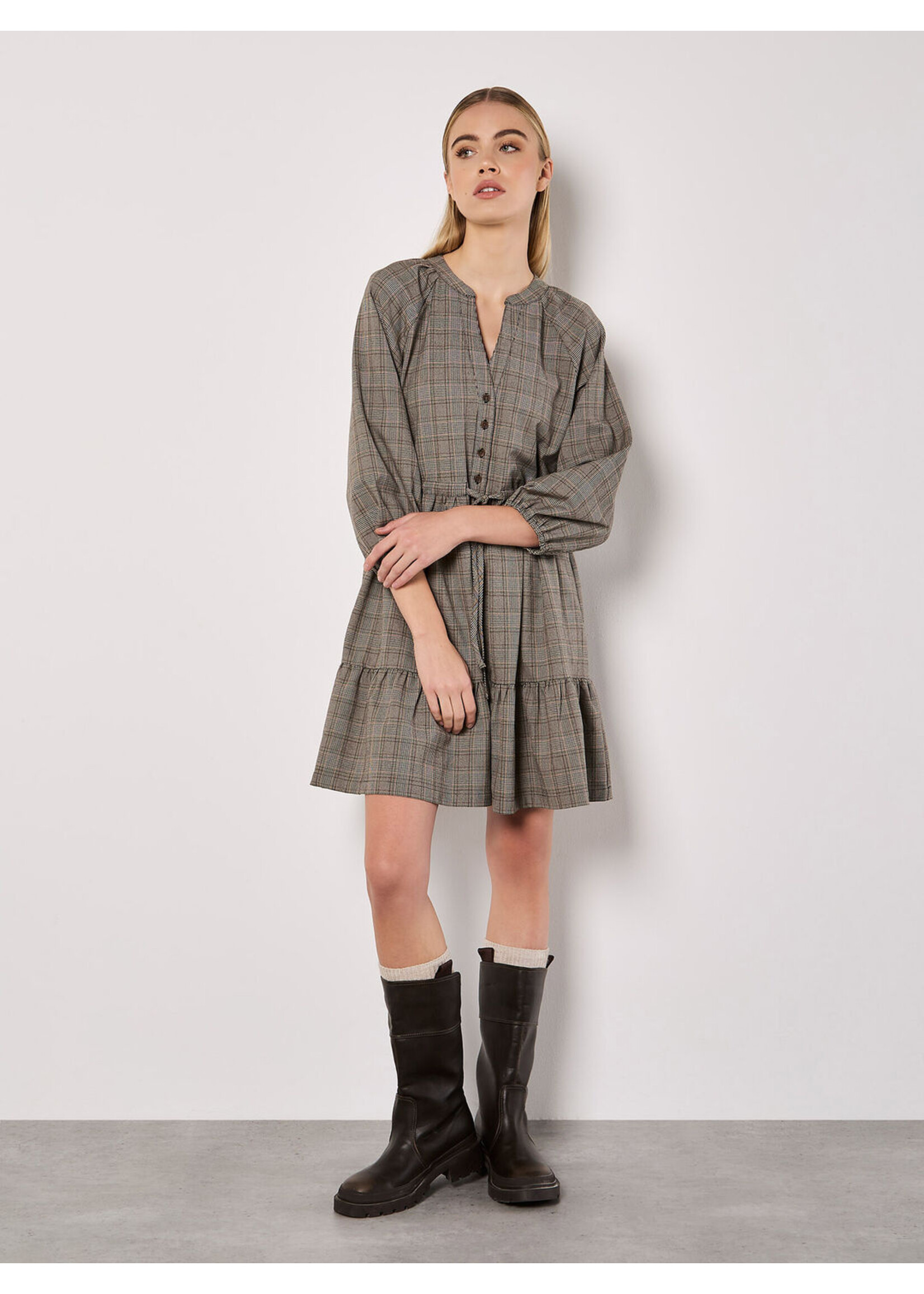 Apricot Apricot Heritage Chekered Ruffle Hem Mini Dress - Grey