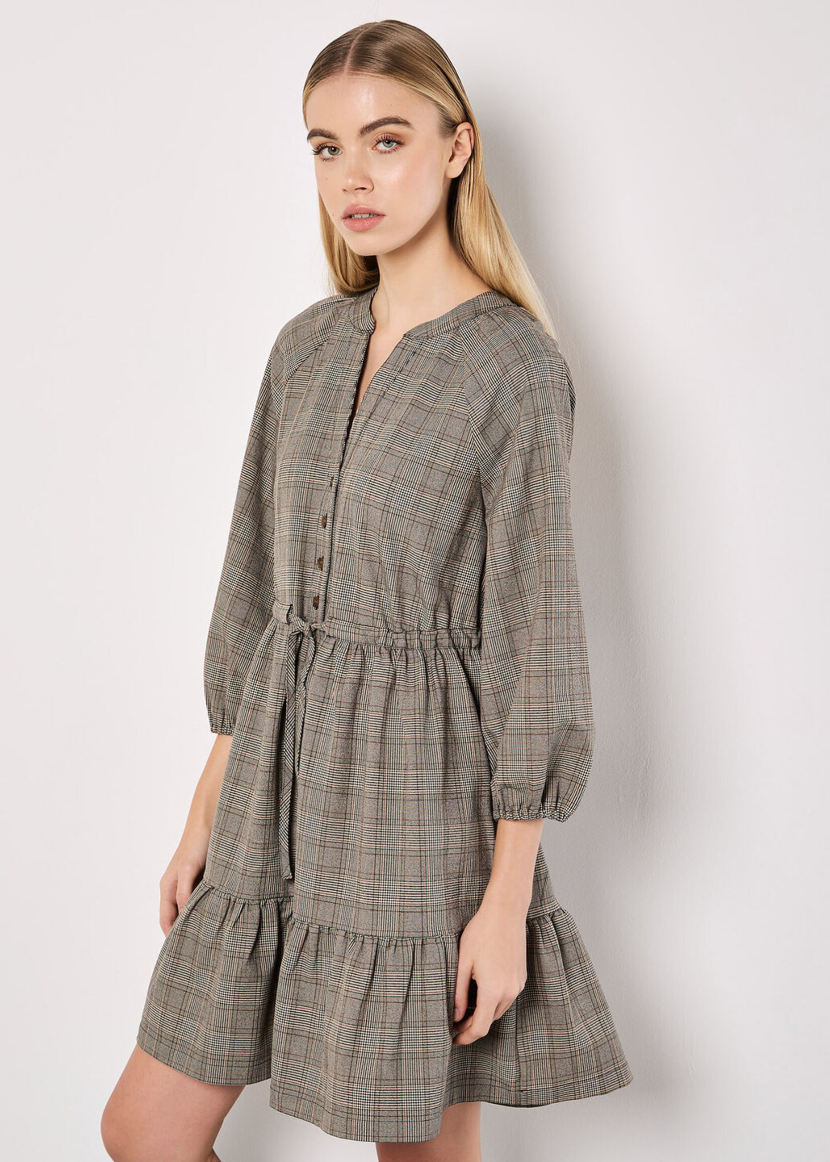 Apricot Apricot Heritage Chekered Ruffle Hem Mini Dress - Grey