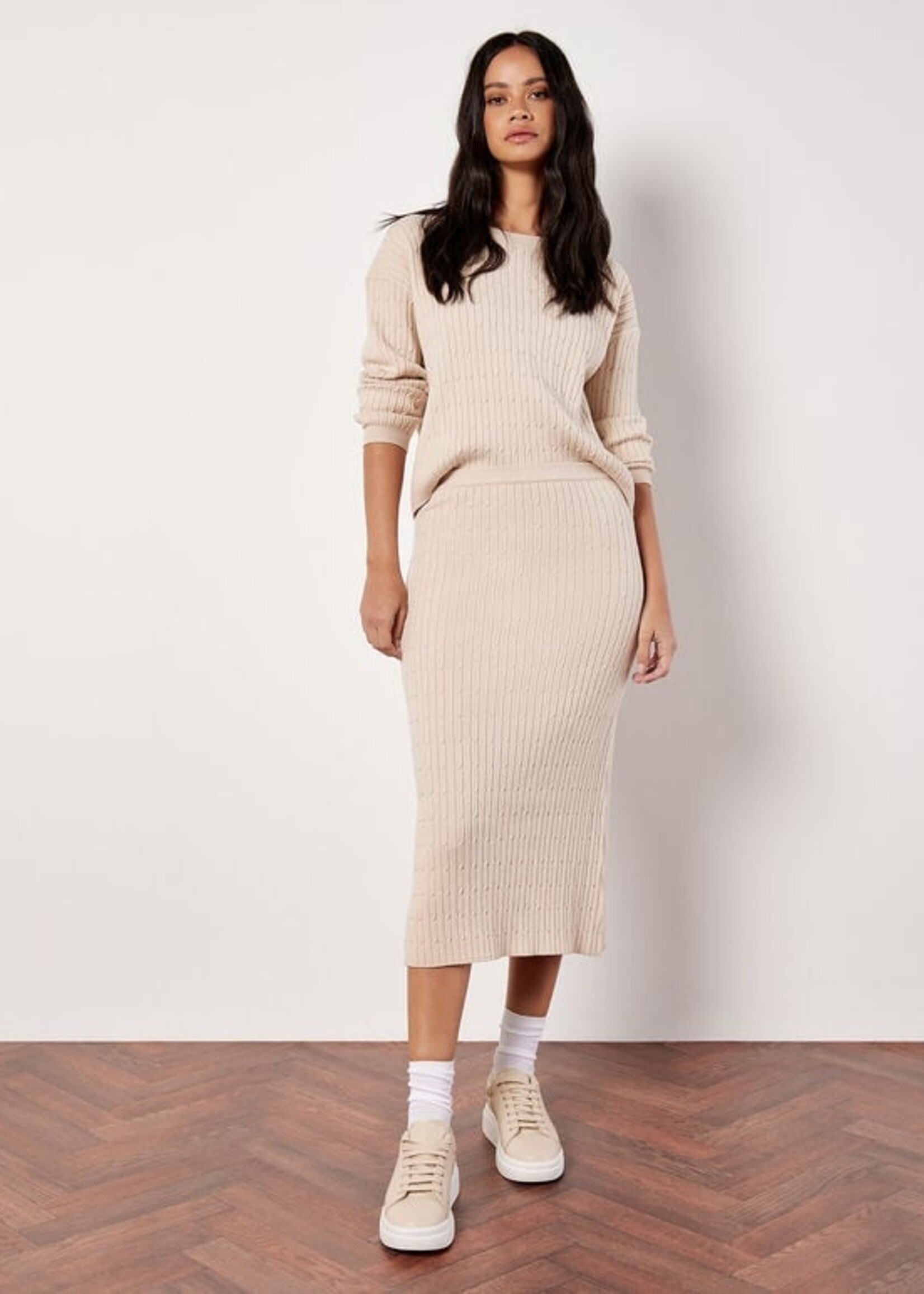Apricot Apricot Fine Gauge Cable Knit Midi Skirt - Stone