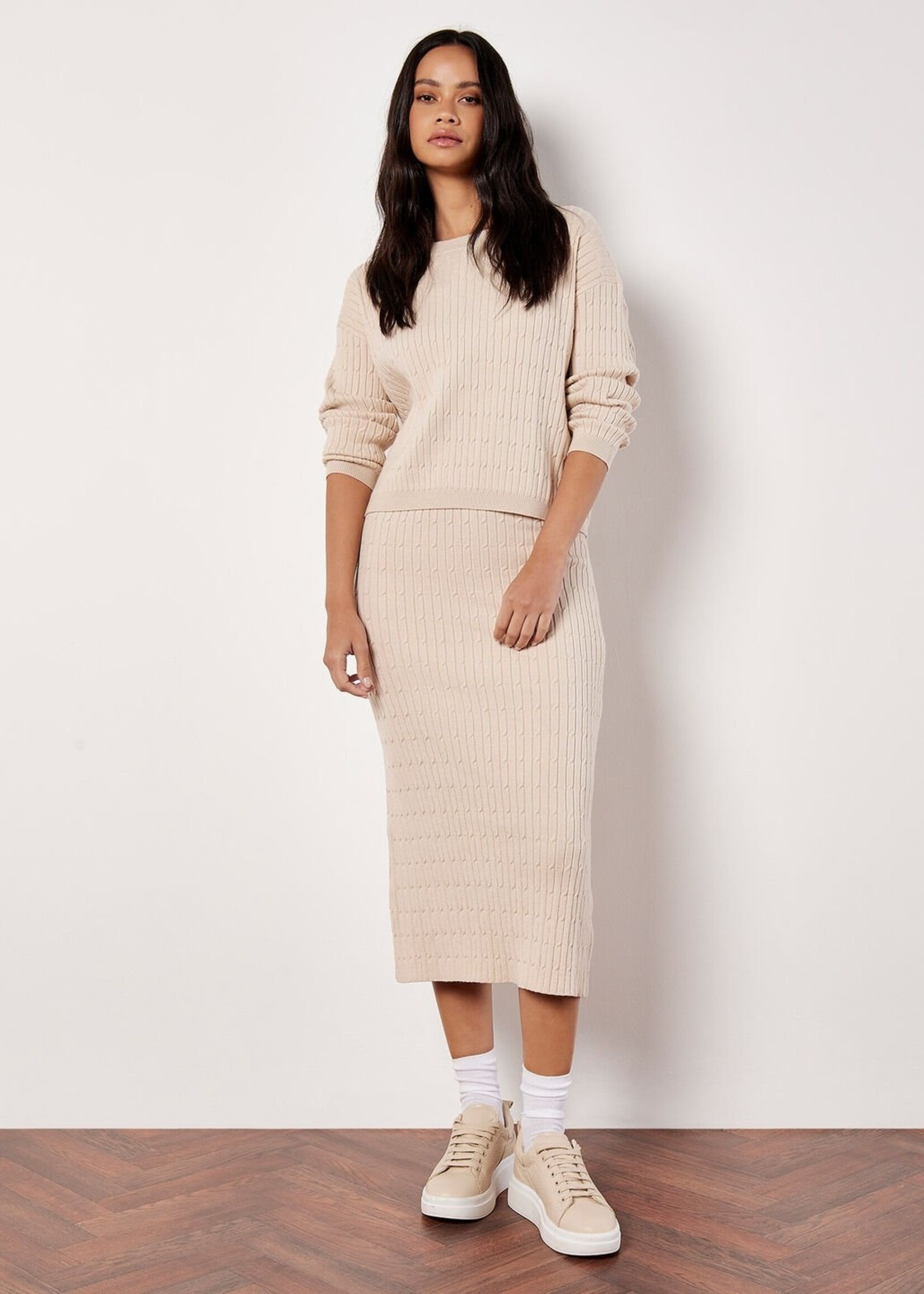 Apricot Apricot Fine Gauge Cable Batwing Sweater - Stone