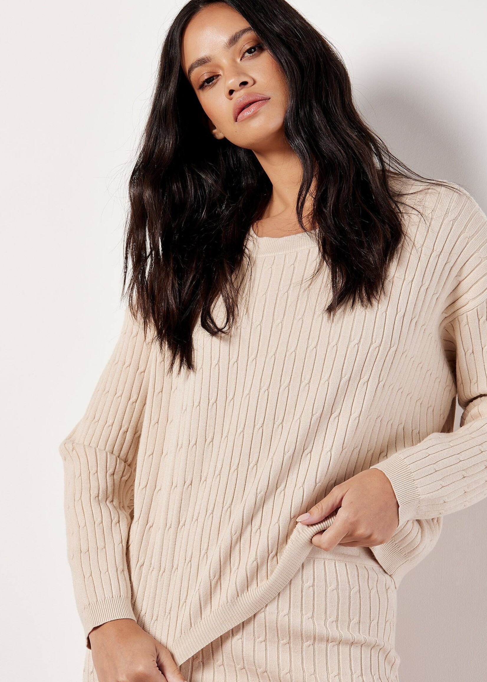 Apricot Apricot Fine Gauge Cable Batwing Sweater - Stone