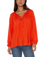 Liverpool Liverpool Shirred Blouse W/Neck Ties - Coral Blaze