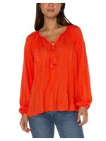 Liverpool Liverpool Shirred Blouse W/Neck Ties - Coral Blaze