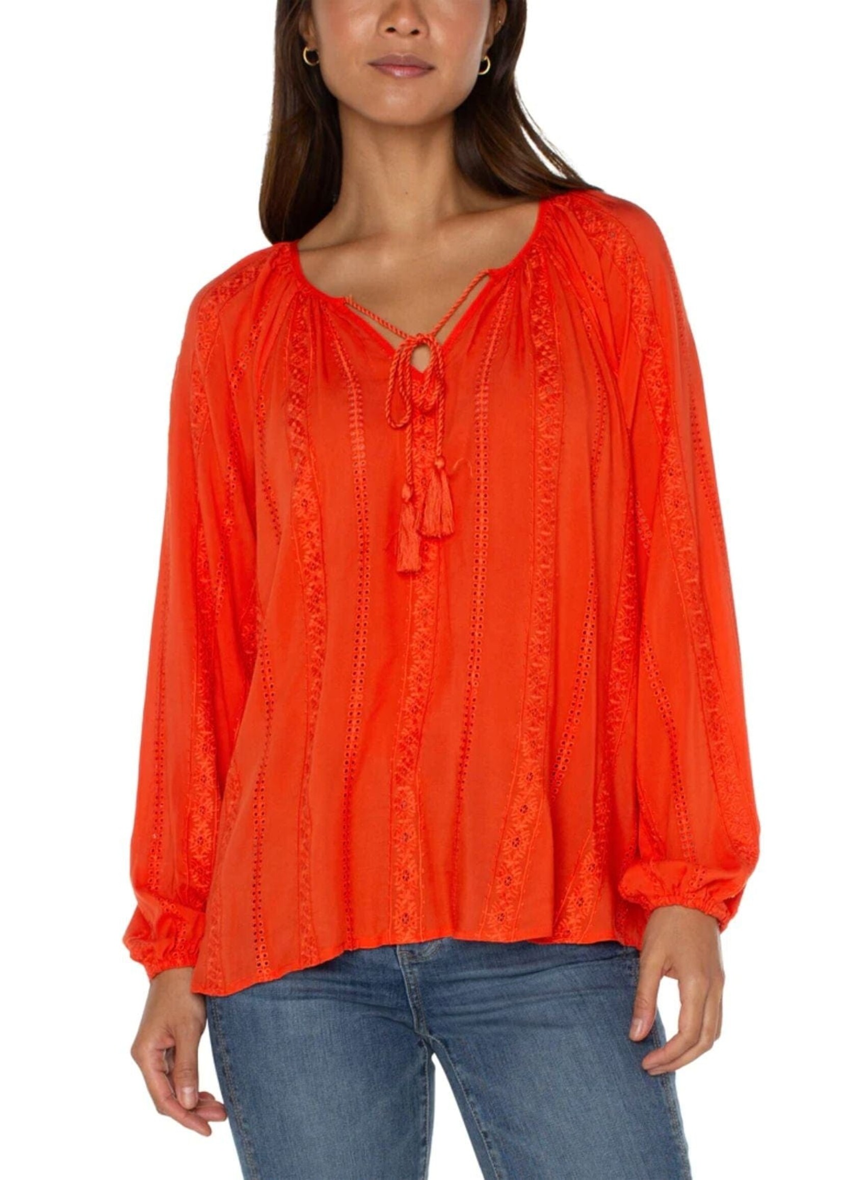Liverpool Liverpool Shirred Blouse W/Neck Ties - Coral Blaze