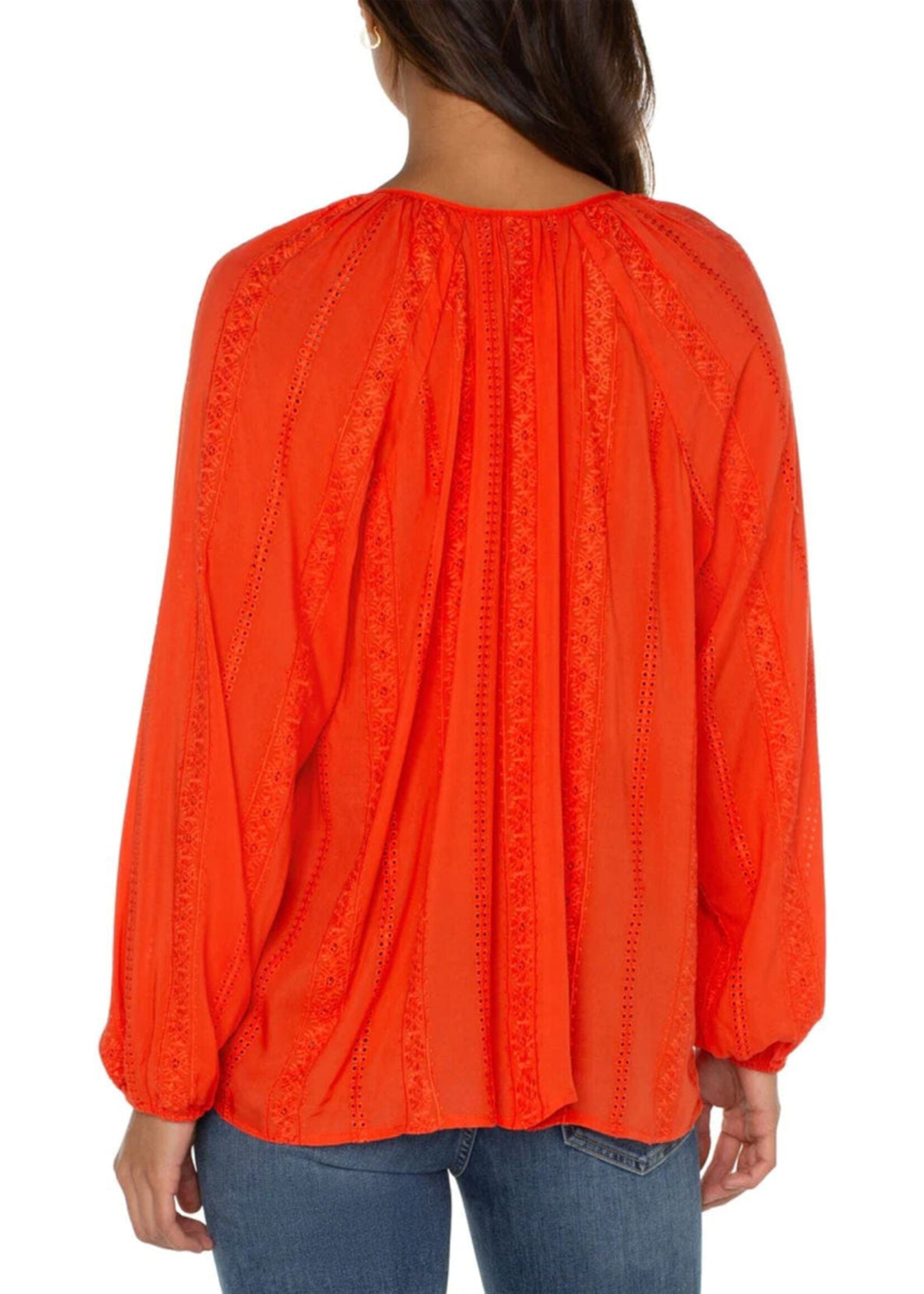 Liverpool Liverpool Shirred Blouse W/Neck Ties - Coral Blaze