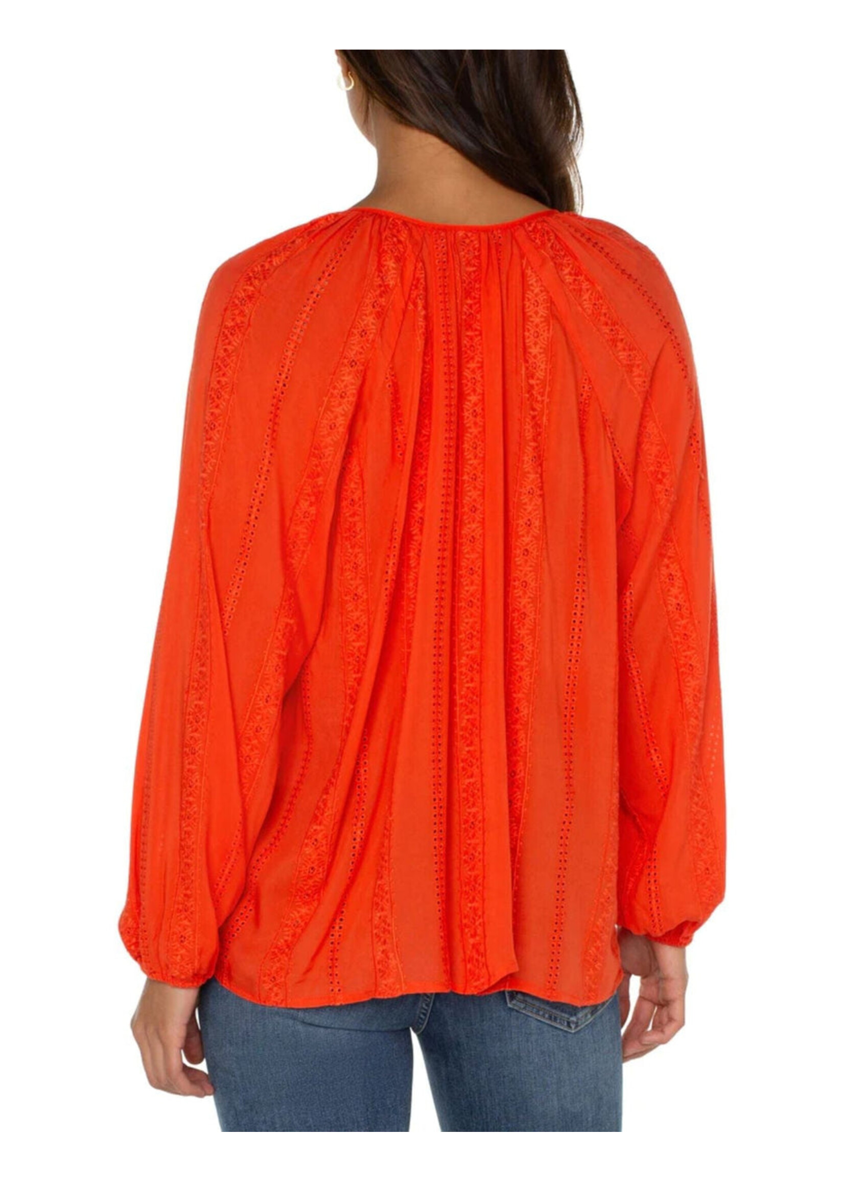 Liverpool Liverpool Shirred Blouse W/Neck Ties - Coral Blaze