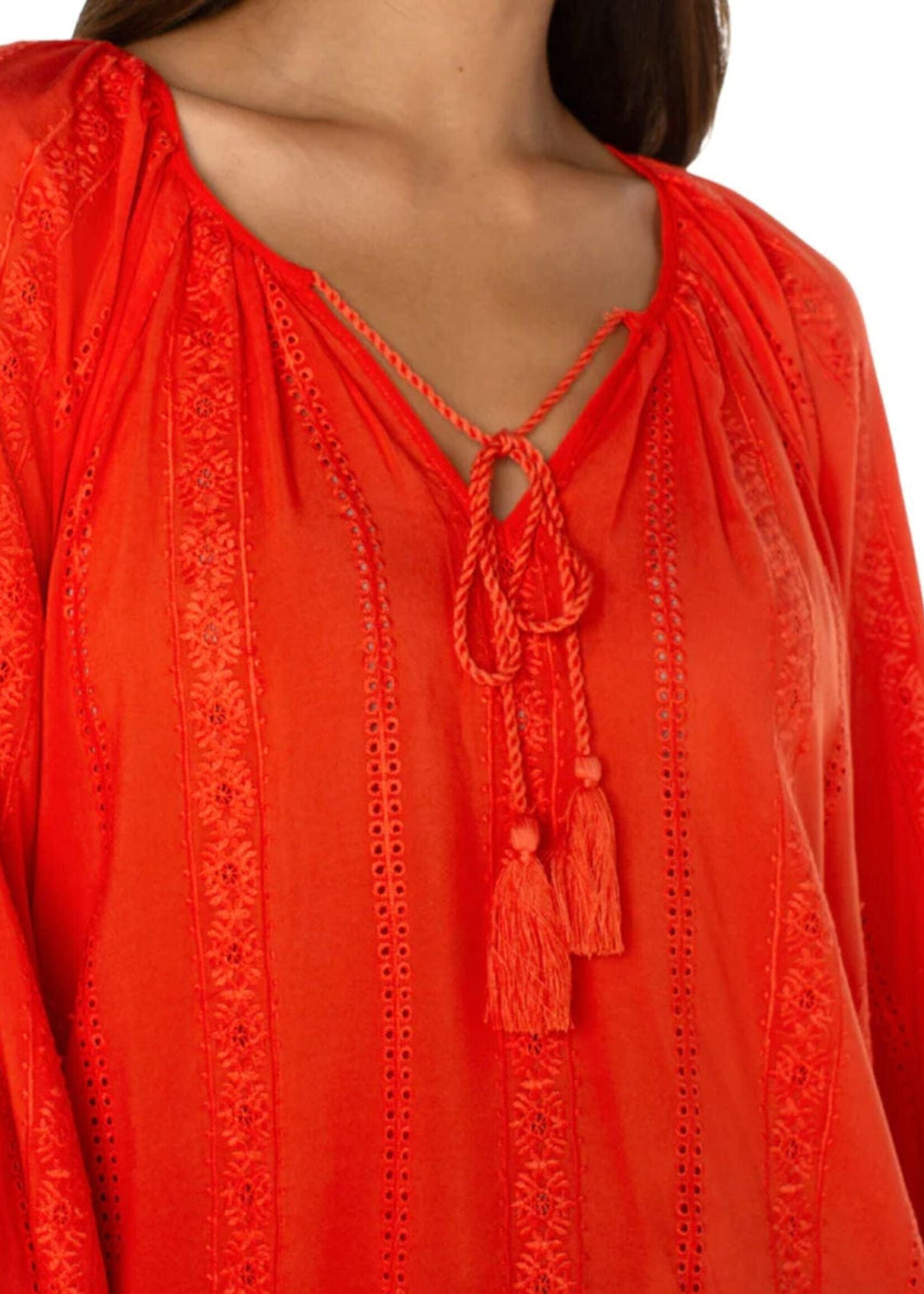 Liverpool Liverpool Shirred Blouse W/Neck Ties - Coral Blaze
