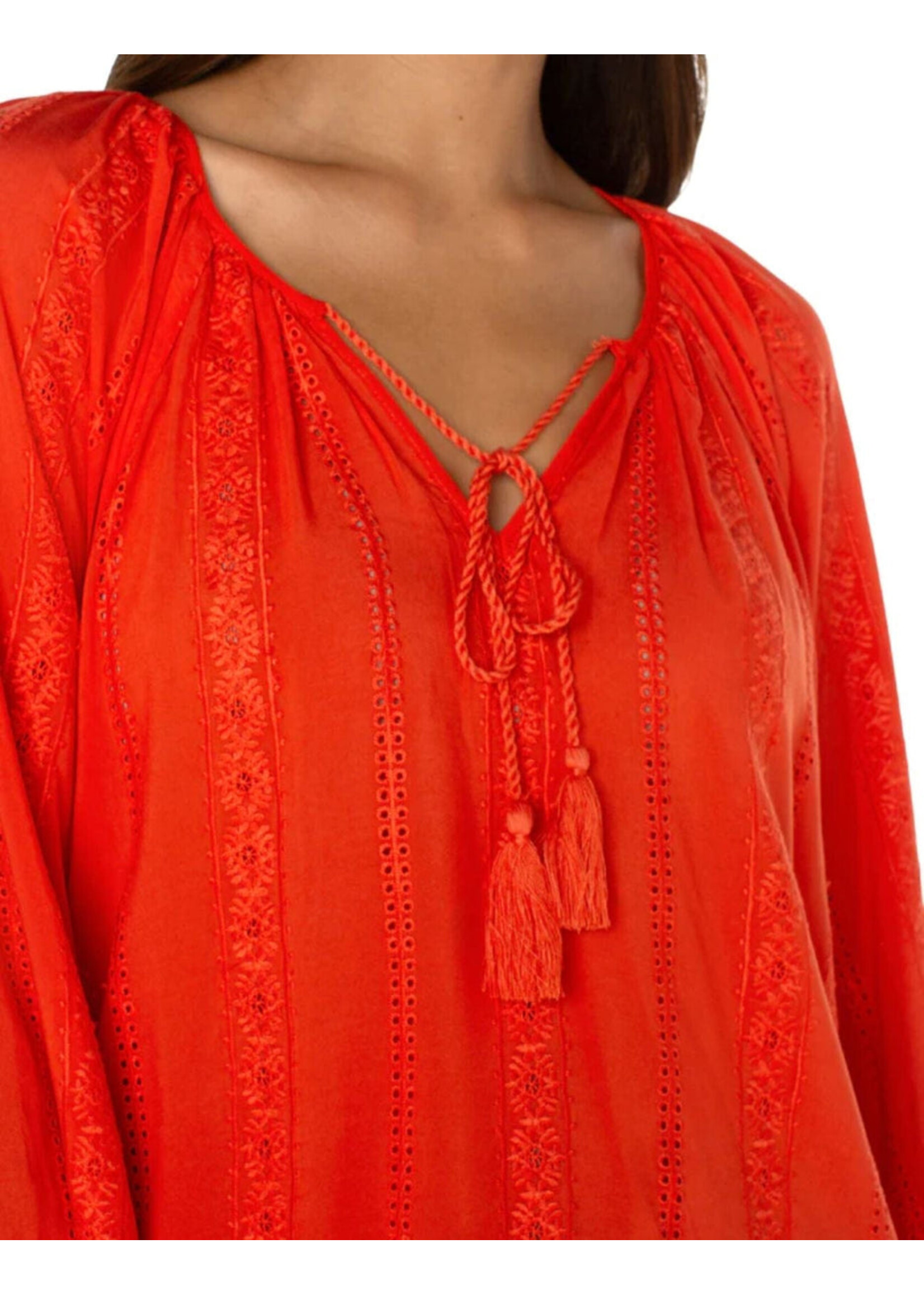 Liverpool Liverpool Shirred Blouse W/Neck Ties - Coral Blaze