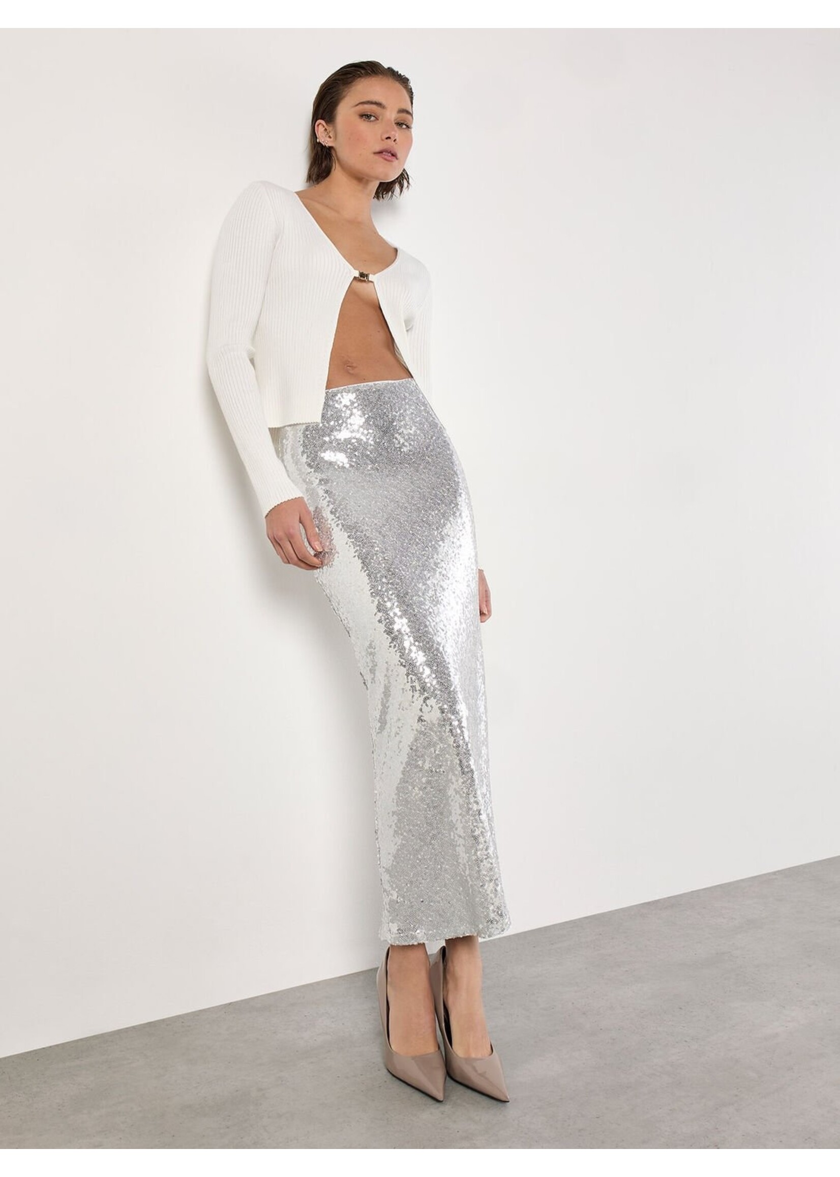 Apricot Apricot Jupe Longue À Sequins & Coupe En Biais - Argent